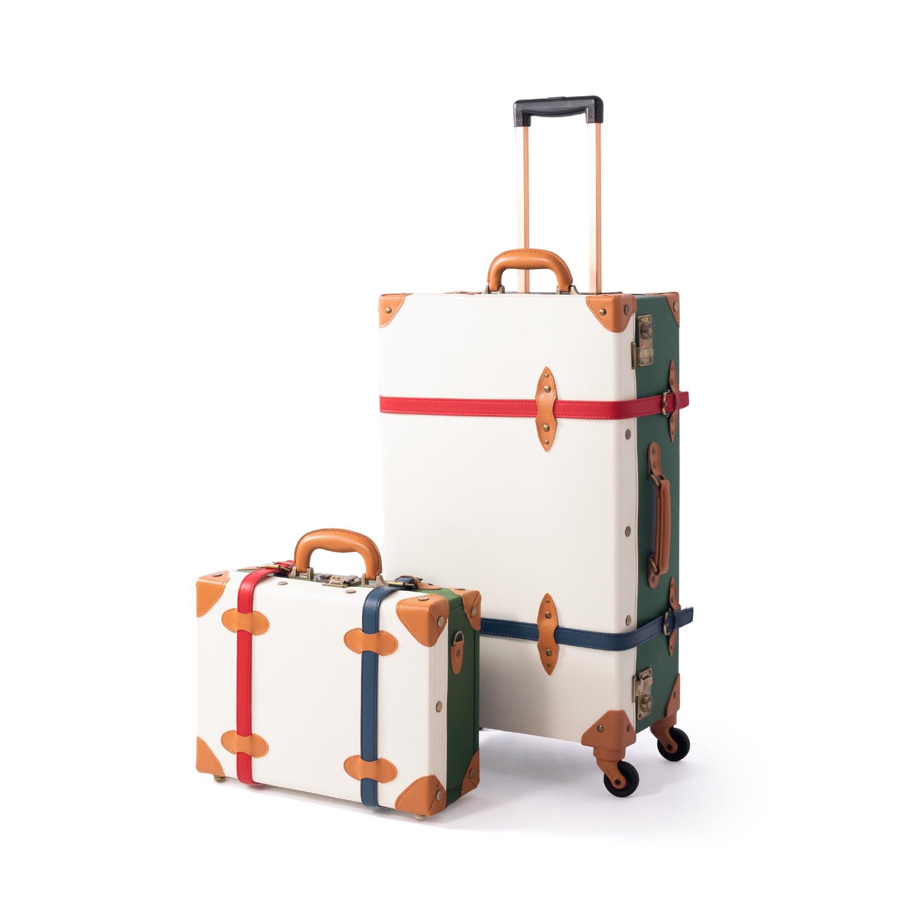 Vintage 2-Piece Luggage Set with Spinner Wheels - White & Green Check-in Suitcases for Travel | Perfect for Airplane, Cruise & Business Trips