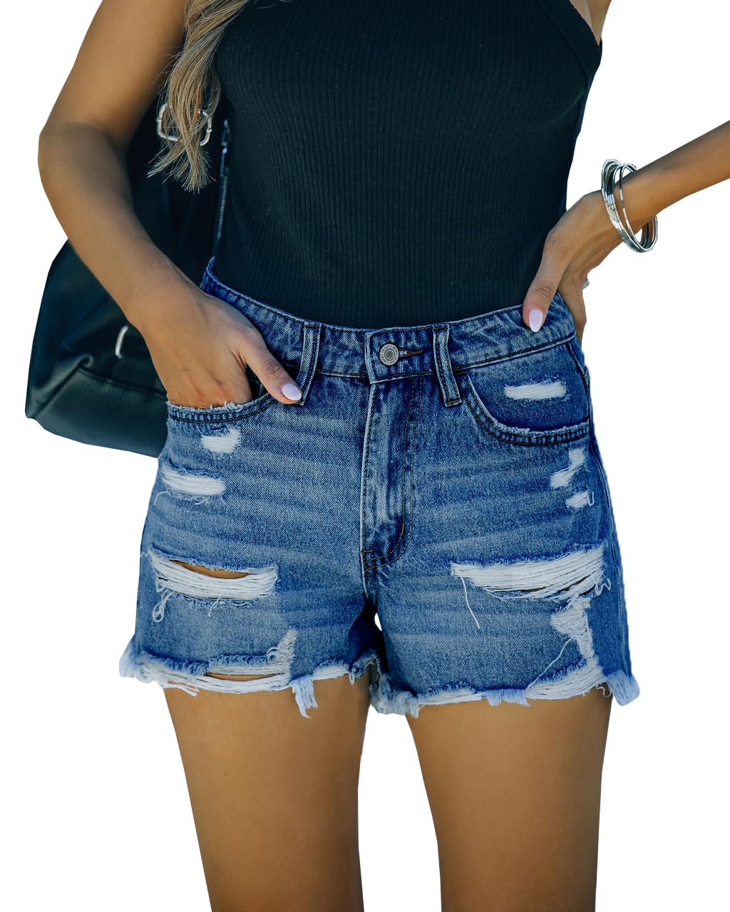 Women's Ripped Denim Shorts - Mid Rise Raw Hem Distressed Jean Shorts for Summer | Casual Streetwear & Beach Outfits