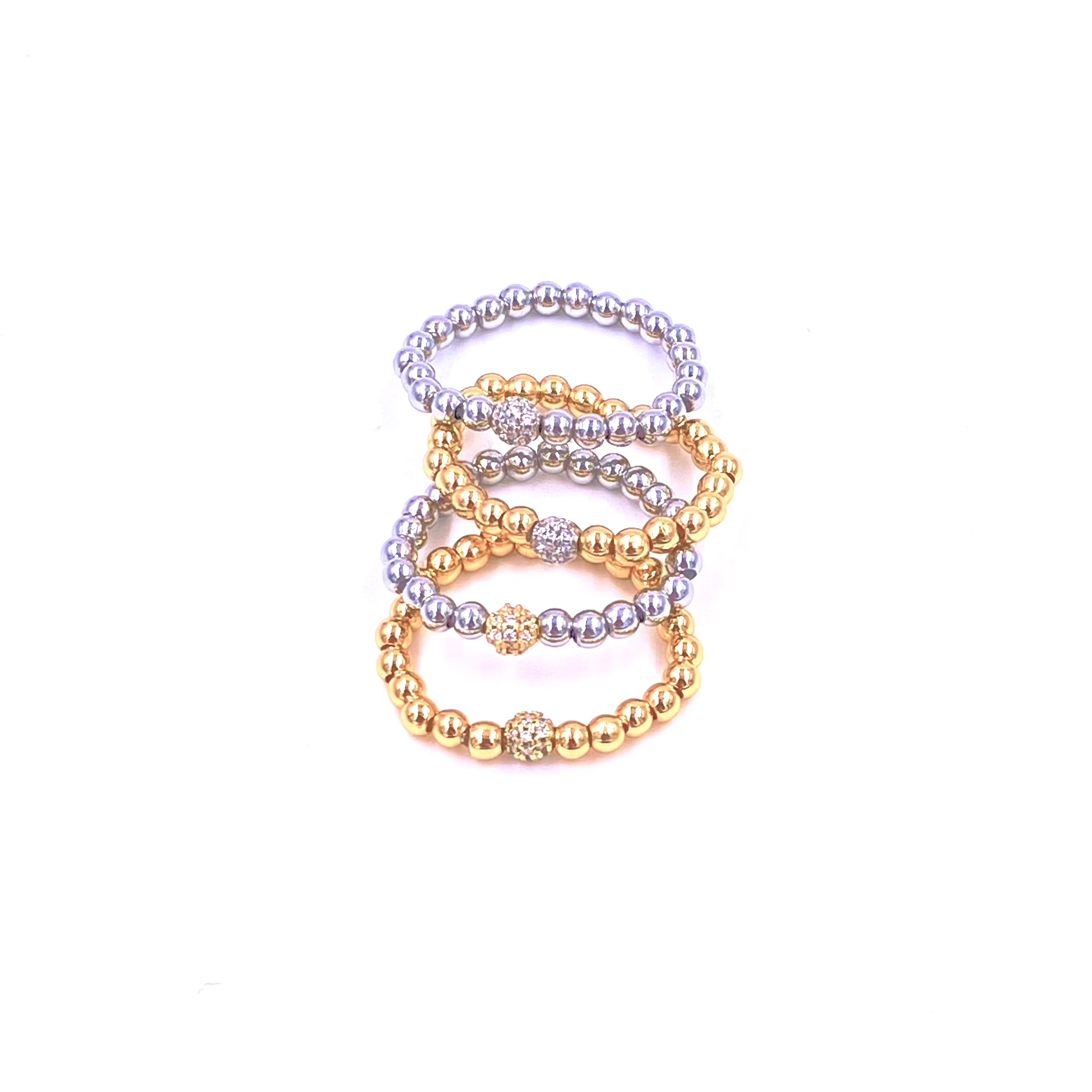 Ashley Gold Stainless Steel Single Center CZ Ball Beaded Stretch Rings for Women - Adjustable Stackable Fashion Jewelry for Party, Wedding & Everyday Wear