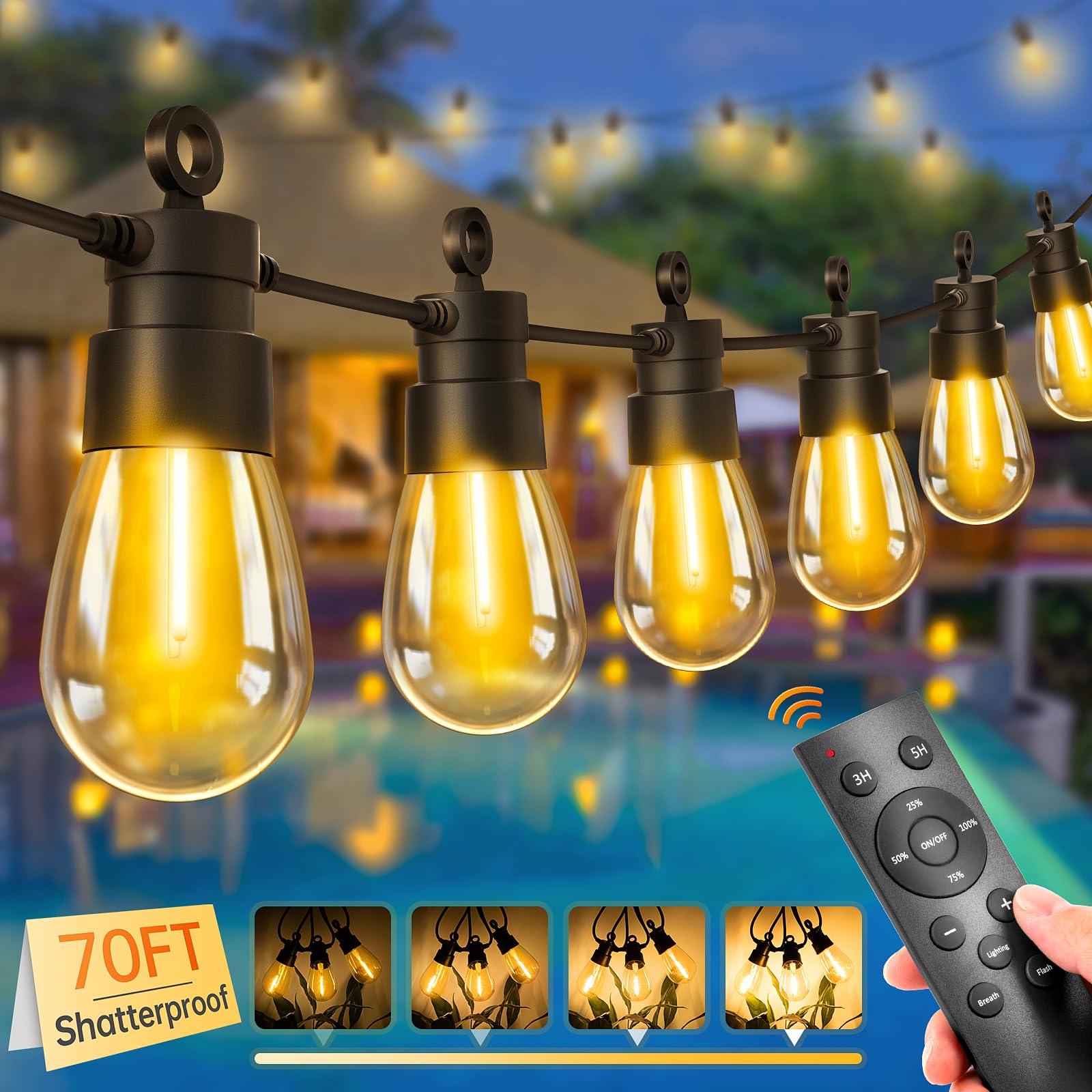 70FT Outdoor String Lights with Remote - Dimmable LED Edison Bulbs, IP65 Waterproof & Shatterproof, 3 Lighting Modes & 2 Timers for Patio, Garden, Porch, Yard, Gazebo, Balcony | Perfect for Backyard Parties, Wedding Decor & Outdoor Dining