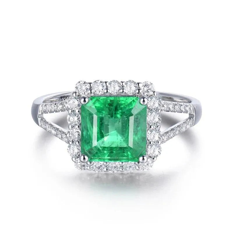 18K White Gold Diamond & Emerald Ring for Women - 8x8mm Sparkling Solid AU750 Wedding Band, Anniversary Gift, Trendy 2022 Jewelry - Perfect for Engagement, Party & Special Occasions