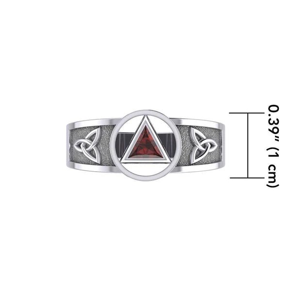 Celtic Trinity Knot Sterling Silver Ring with Inlaid Recovery Symbol - Elegant Irish Jewelry for Women, Men - Perfect for Weddings, Anniversaries & Spiritual Healing