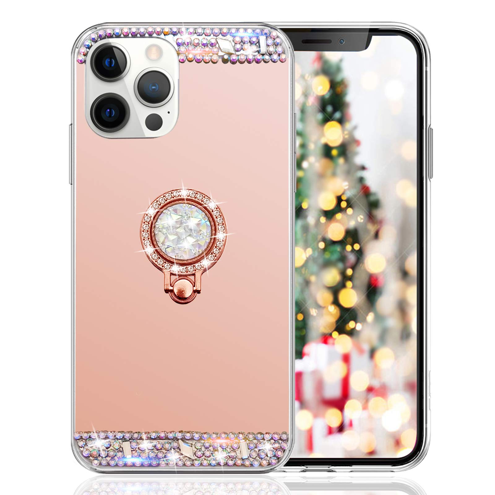 LUVI iPhone 12 Pro Case with Diamond Glitter Rhinestone, Makeup Mirror & Ring Stand - 6.1 Inch Bling Crystal Protective Cover with Finger Grip for Women & Girls | Perfect for Selfies, Makeup Touch-ups and Hands-Free Viewing