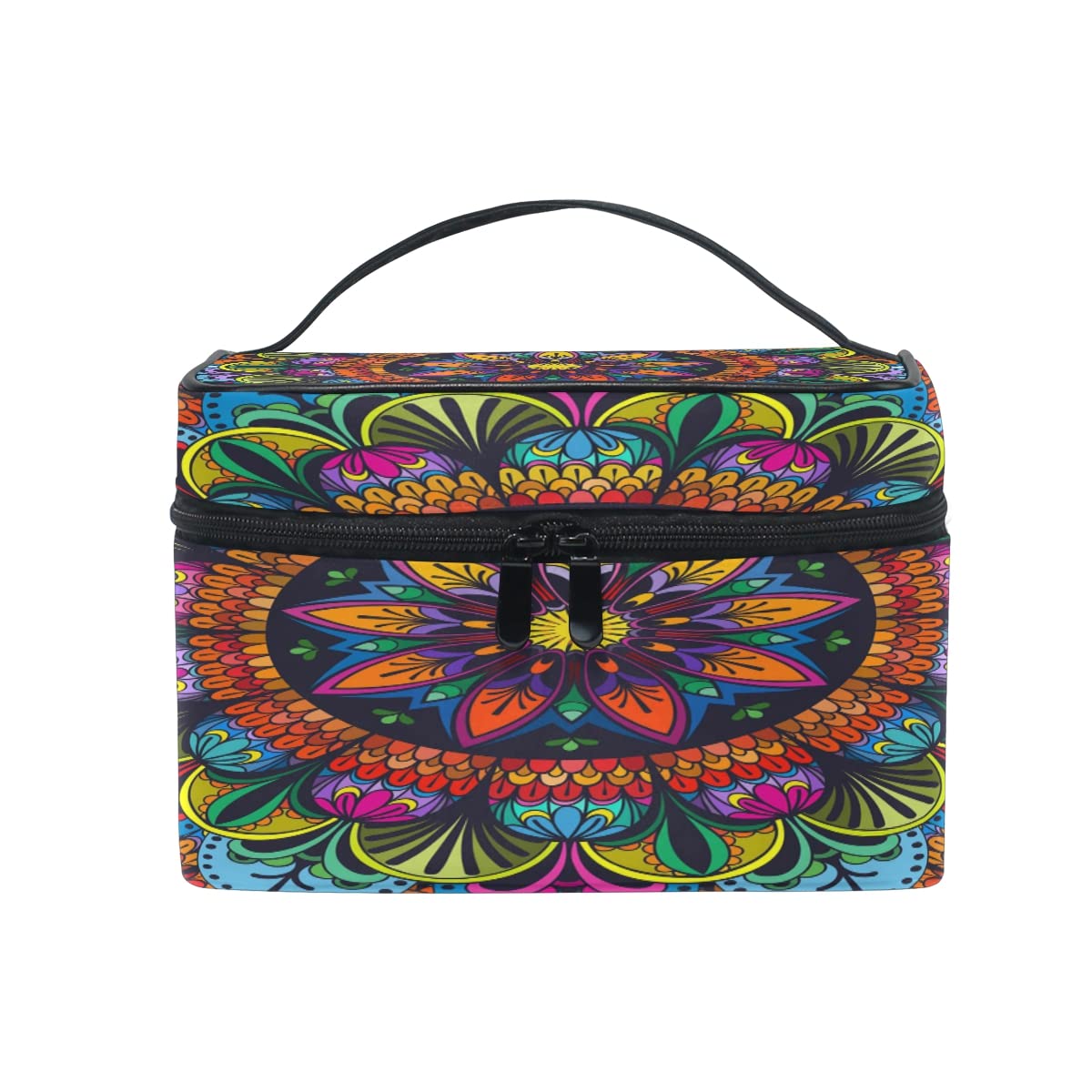 Indian Ethnic Hippie Floral Mandala Makeup Bag - Large Travel Cosmetic Organizer with Zipper, Portable Toiletry Storage Case for Women & Girls | Perfect for Vacation, Yoga Retreat & Festival Essentials