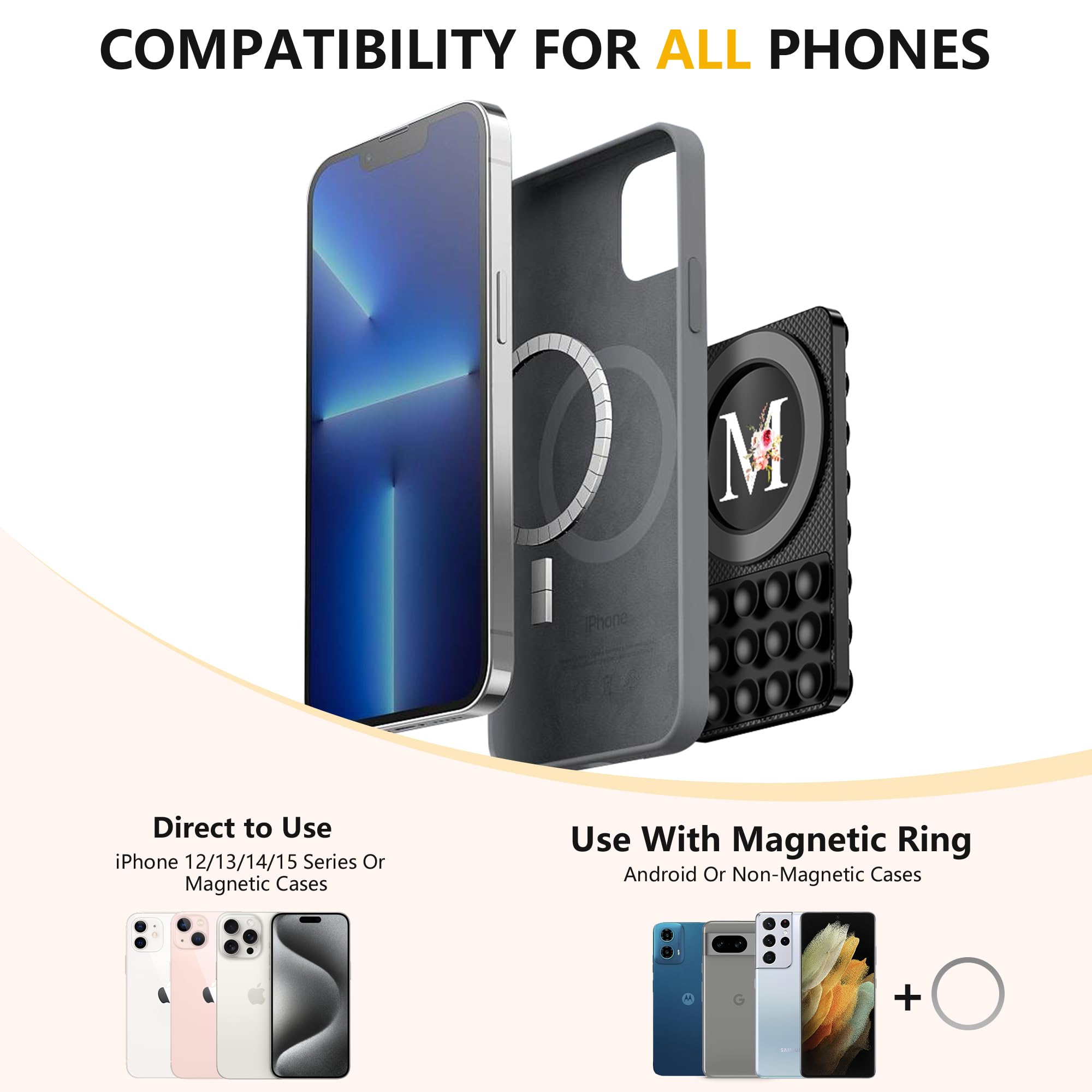 Strong Suction Cup Phone Mount with Magnetic Ring - Silicone Sticky Grip for iPhone & Android - Double Sided Phone Holder for Selfies, Videos & TikTok - Black Floral Design - Perfect for Car Dashboard, Office Desk & Home Use