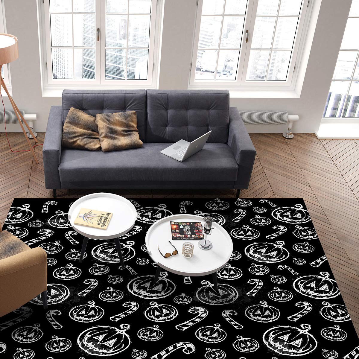 Modern Hand-Drawn Scary Pumpkin Area Rug 4x6 Feet - Non-Slip Soft Indoor Floor Mat for Bedroom, Living Room, Home Decor | Halloween, Fall Seasonal Decor, Cozy Accent Rug