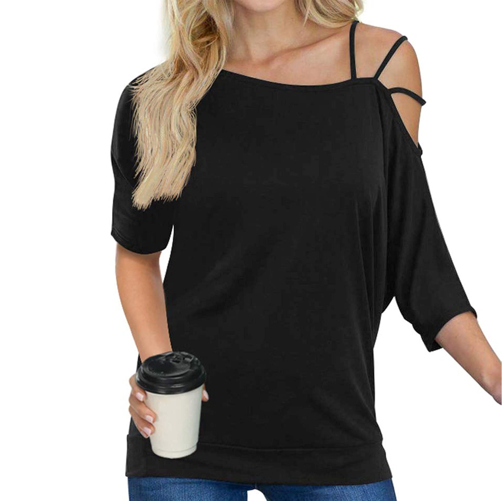 Women's Casual Summer Off Shoulder Strappy T-Shirts - Short Sleeve Flowy Tops for Beach, Vacation & Everyday Wear