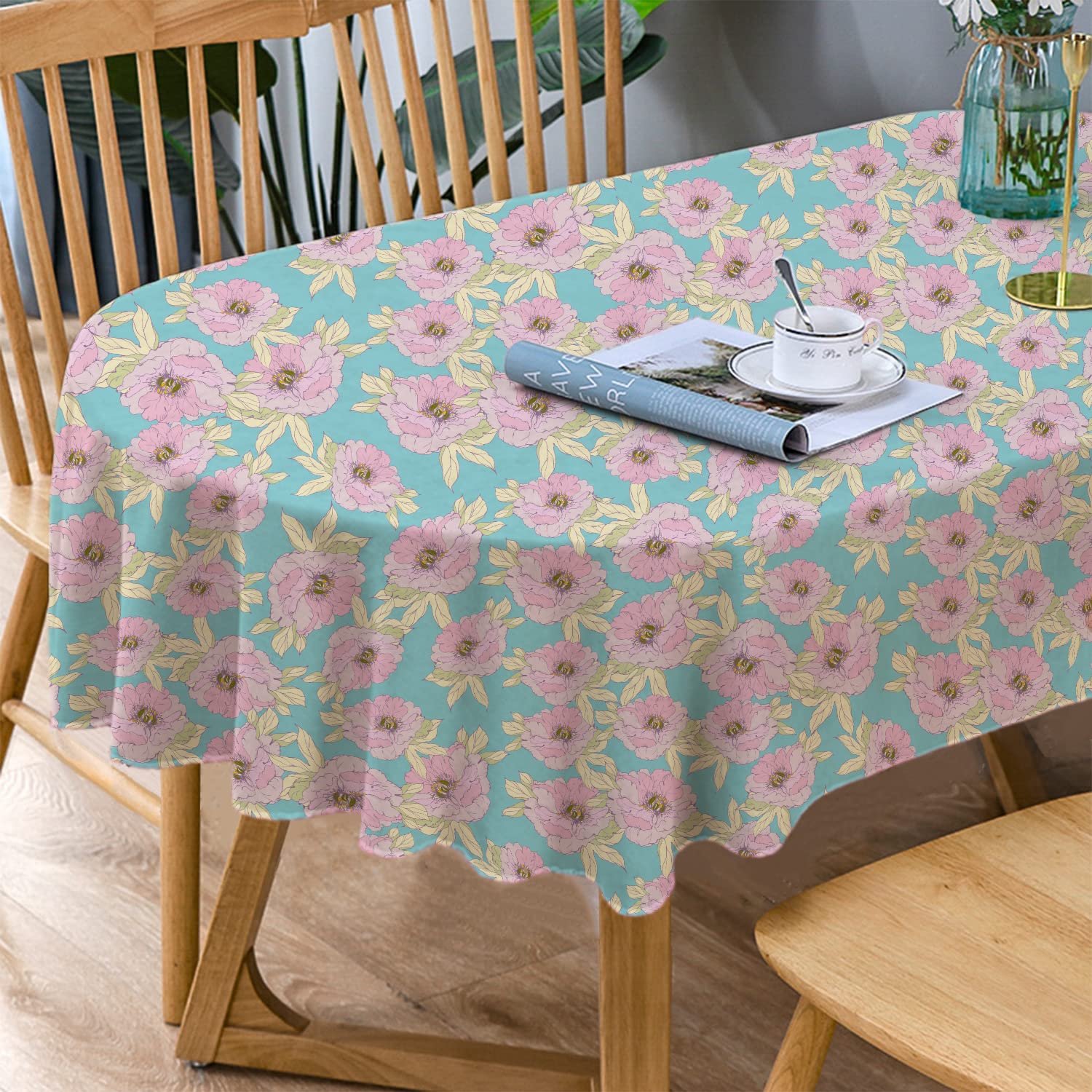 Pink Floral Oval Tablecloth 60x120 Inch - Waterproof Wrinkle-Free Spring Summer Table Cover for Dining, Party, Wedding, and Outdoor Events - Decorative Oval Table Cloth with Flower Print