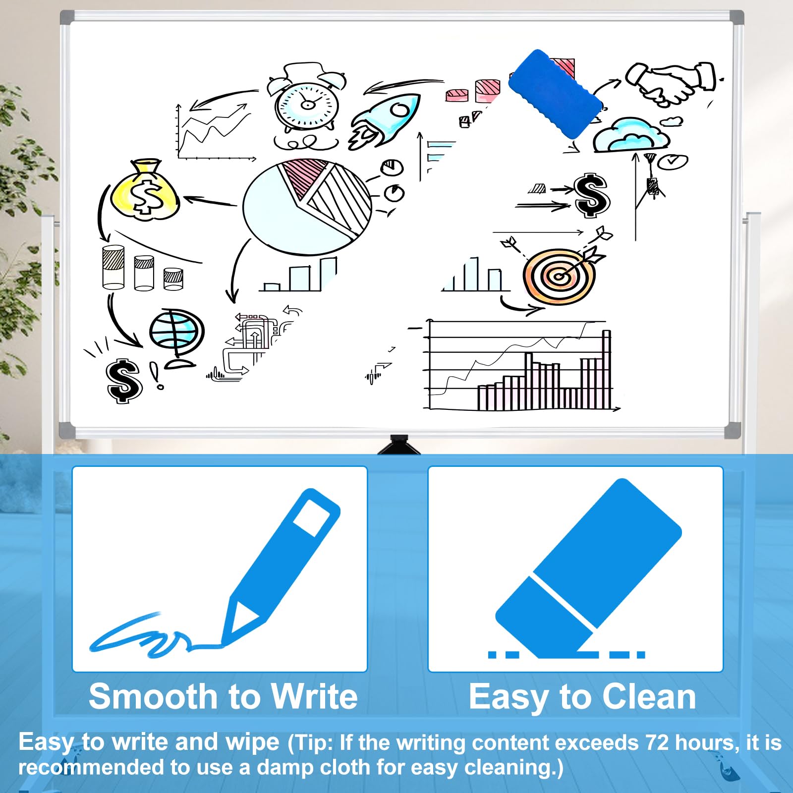 72 x 40 Inch Large Magnetic Dry Erase Board on Wheels - Double Sided Mobile Whiteboard with Stand | Includes 3 Erasers, 6 Markers & 10 Magnets | Perfect for Classrooms, Offices & Home Use