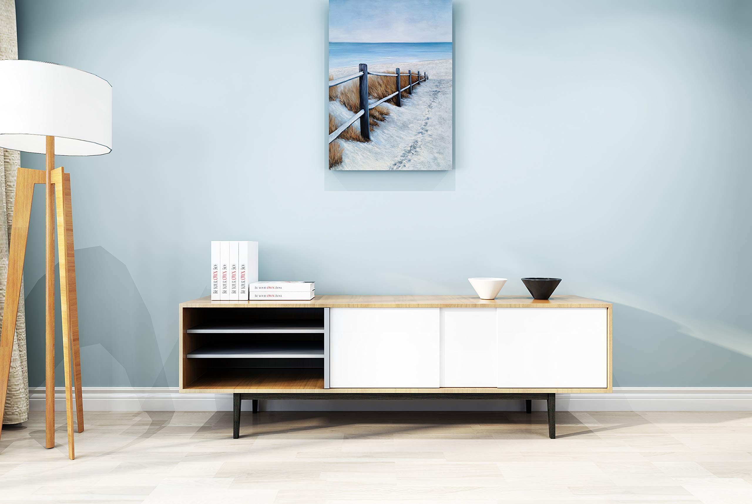 Hand Painted Blue and White Abstract Coastal Canvas Wall Art - Modern Nautical Beach Painting with Fence for Living Room, Bedroom & Bathroom Decor | Perfect for Coastal, Beach House or Ocean Theme Home Styling