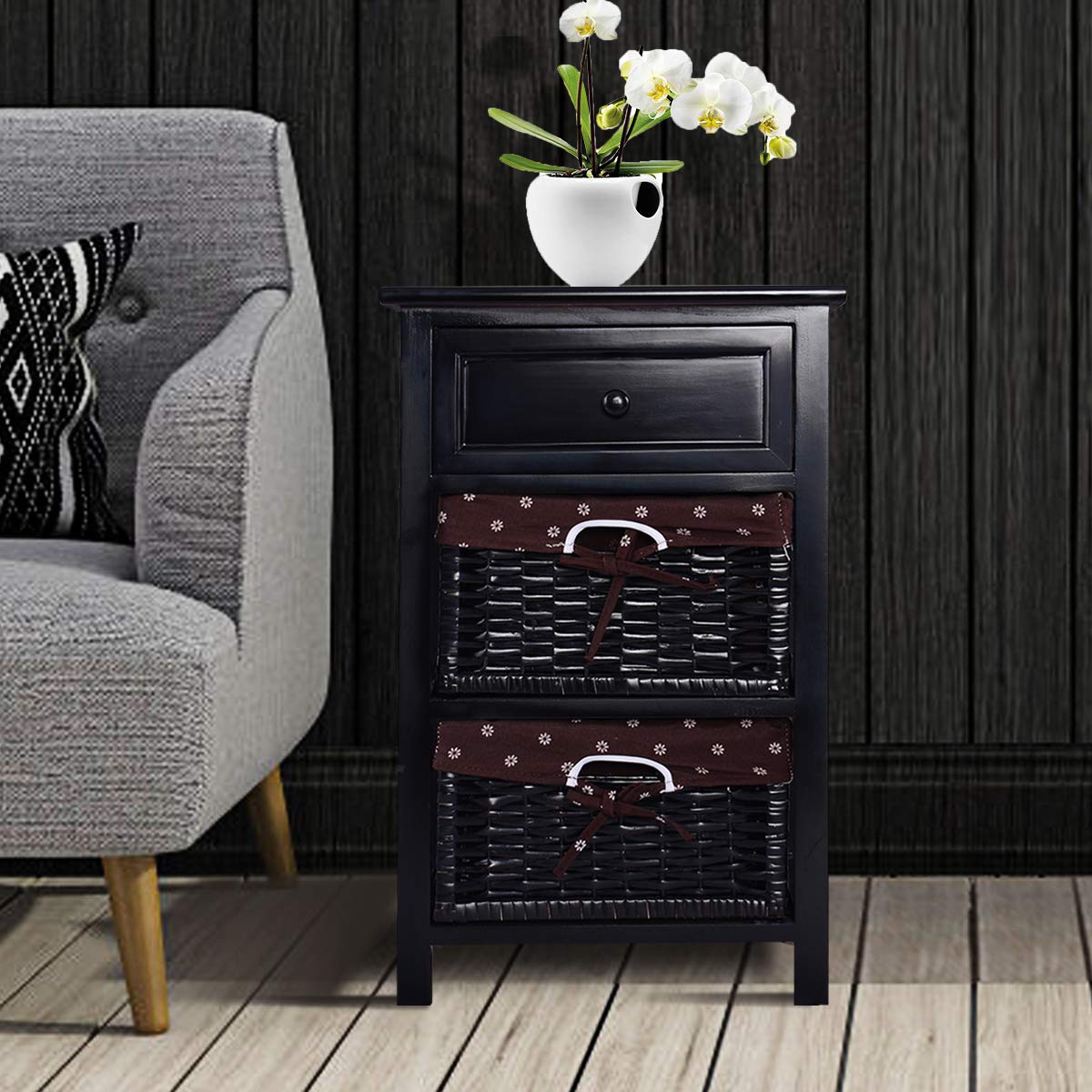 Giantex 3-Tier Wooden Nightstand with 2 Baskets & 1 Drawer - Bedside Table with Storage Organizer for Bedroom, Living Room, Home - End Table for Sofa, Small Space Furniture (Black) - Perfect for Apartment, Dorm, Guest Room & Modern Home Decor