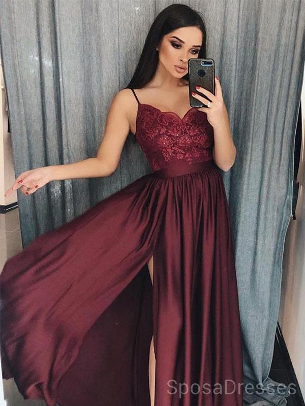 Elegant Maroon Spaghetti Strap Side Slit Long Evening Prom Dress for Women | Custom Sweet 16 Dresses | Perfect for Formal Events, Homecoming, and Special Occasions