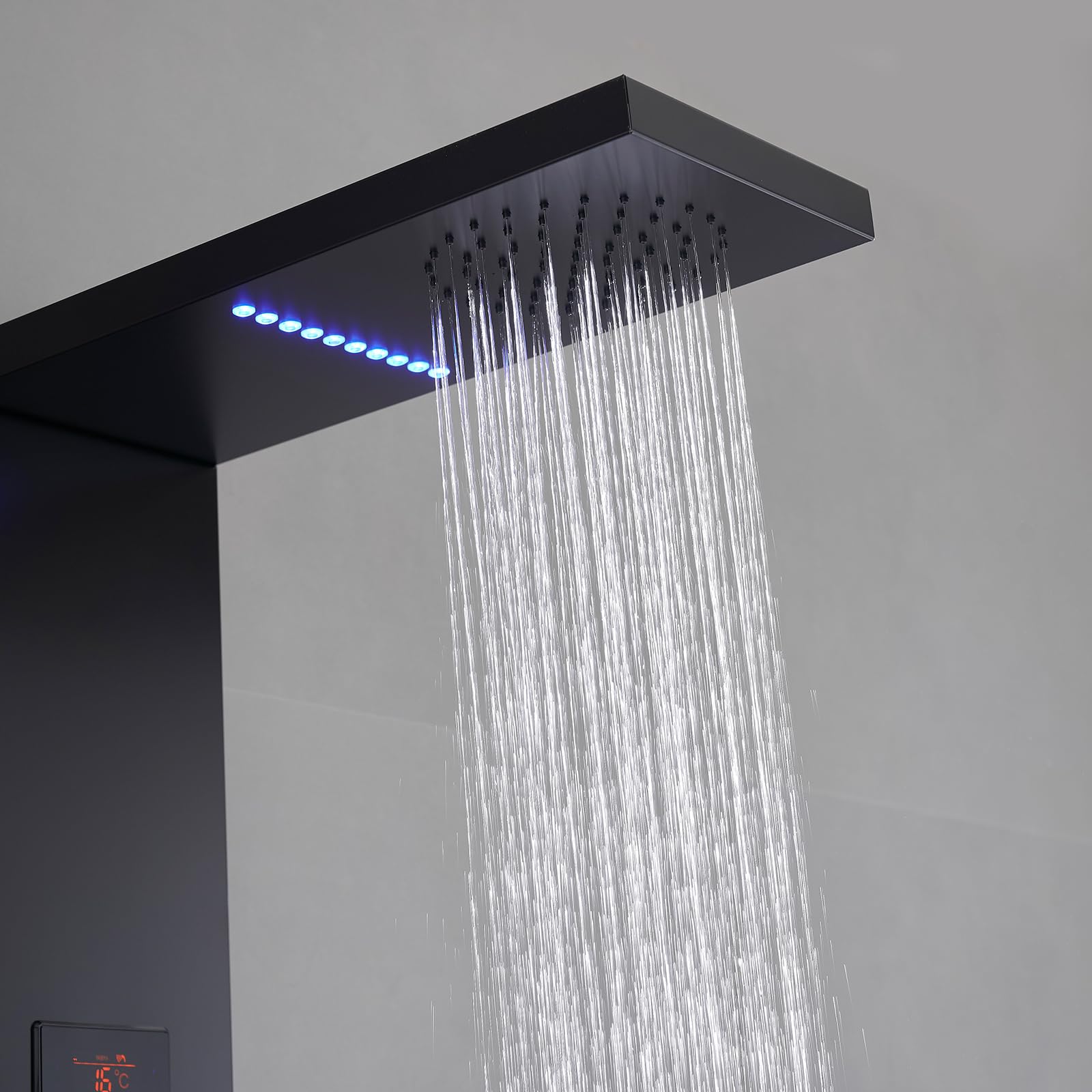 Premium Matte Black LED Shower Panel System with Rainfall Shower Head, Handheld Massage Jets & 304 Stainless Steel Storage Shelf - Modern Waterfall Bathtub Upgrade for Luxury Spa-Like Bathroom Experience