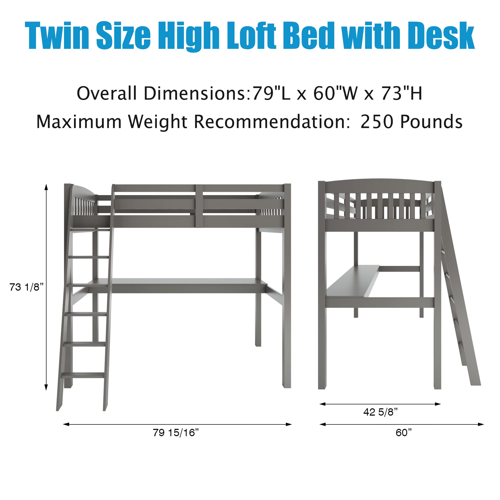 Harper & Bright Designs Solid Wood Twin Loft Bed with Desk & Ladder for Kids - Space-Saving Study & Sleep Solution for Small Rooms, Grey (No Box Spring Needed) - Perfect for Kids' Bedrooms, Dorm Rooms & Small Apartments