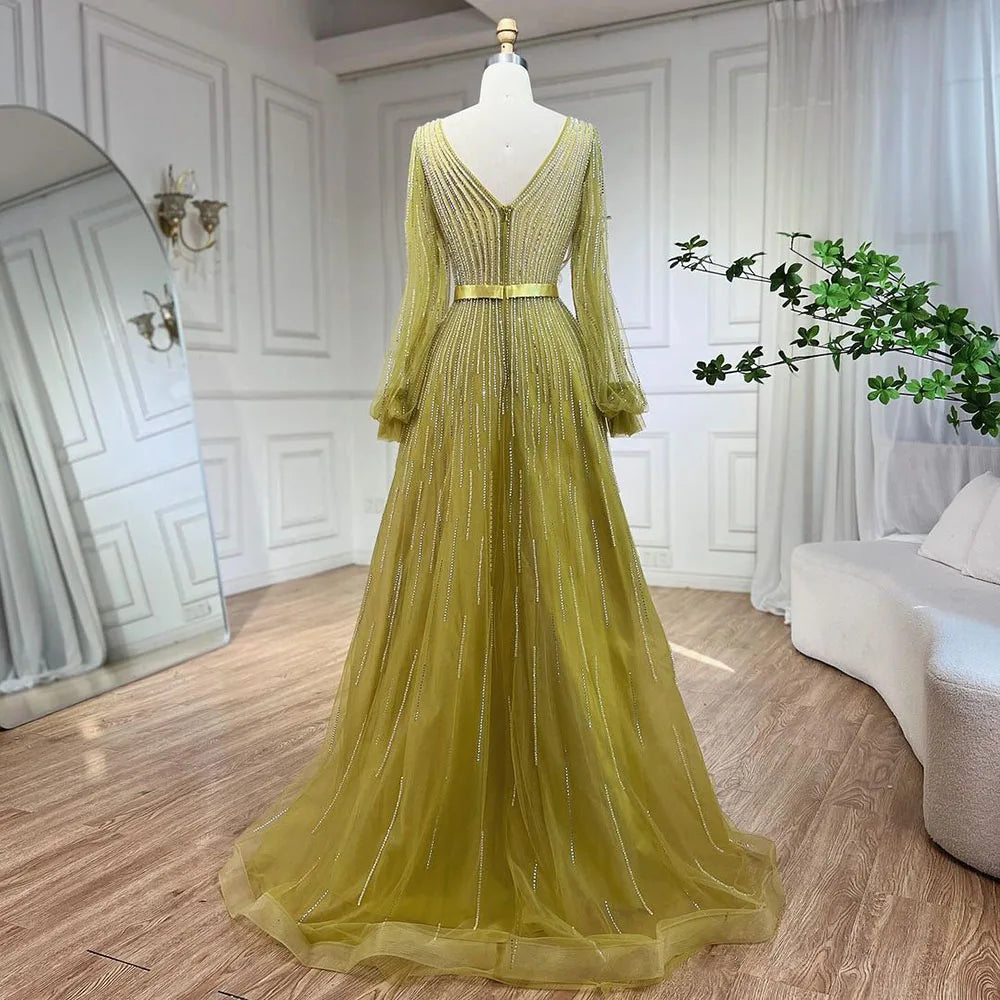 Elegant Beaded Arabic Yellow A-Line Evening Gown for Women - Luxury Dubai Wedding Party Dress 2025 | Perfect for Formal Events, Galas & Special Occasions