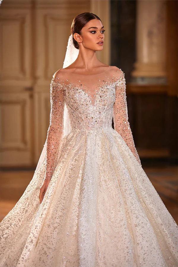Royal French White Princess Bridal Gown - Long Sleeve Sparkling Beaded Wedding Dress for Bride, Ball Gown & Formal Occasions