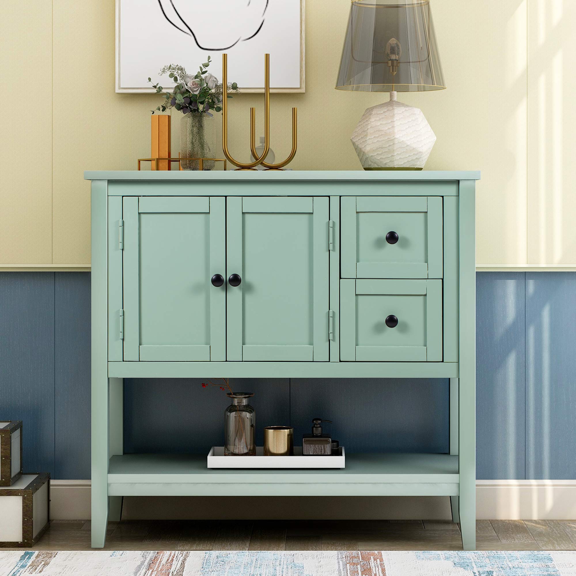 Modern Sideboard Accent Table with 2 Drawers, 1 Cabinet & Shelf - Stylish Sofa Table, Console Table & Coffee Table for Living Room, Entrance & Hallway - Perfect for Home Decor & Storage Solutions (Green)