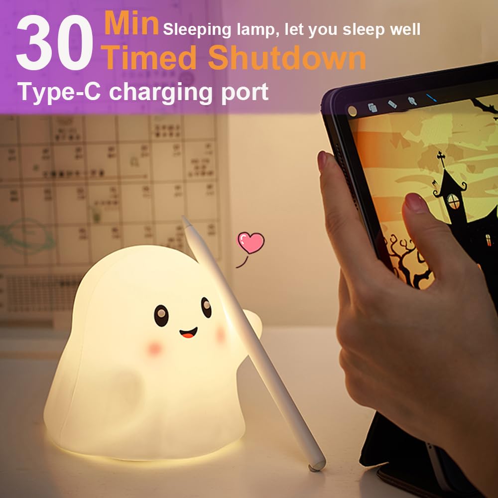 Kids Ghost Night Light - Adjustable Dimmable Silicone Nursery Lamp with 13 Interactive Sound Effects & Touch Sensor | Halloween Decor, Christmas Gift for Children (White Ghost) - Perfect for Bedrooms, Nurseries, and Holiday Decorations