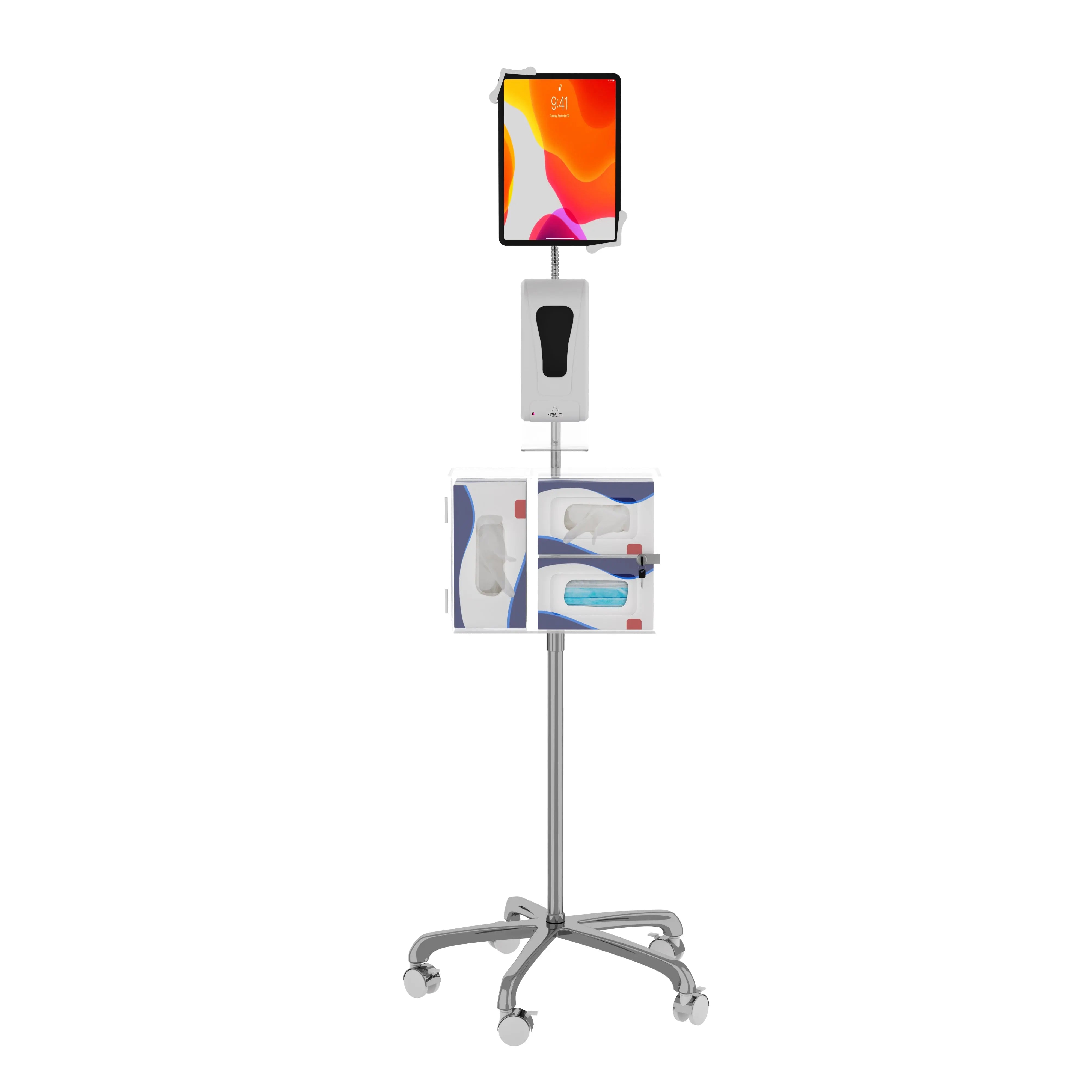 Heavy Duty Security Gooseneck Floor Stand with Sanitizing Station & Automatic Soap Dispenser - Perfect for Hospitals, Offices, and Public Spaces