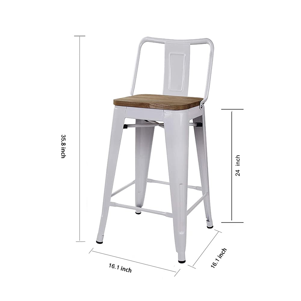 LEEJAY Commercial Grade Indoor Metal Bar Stools Set of 4 - 24 Inch High Back White Counter Height Barstools with Light Wooden Top, 12