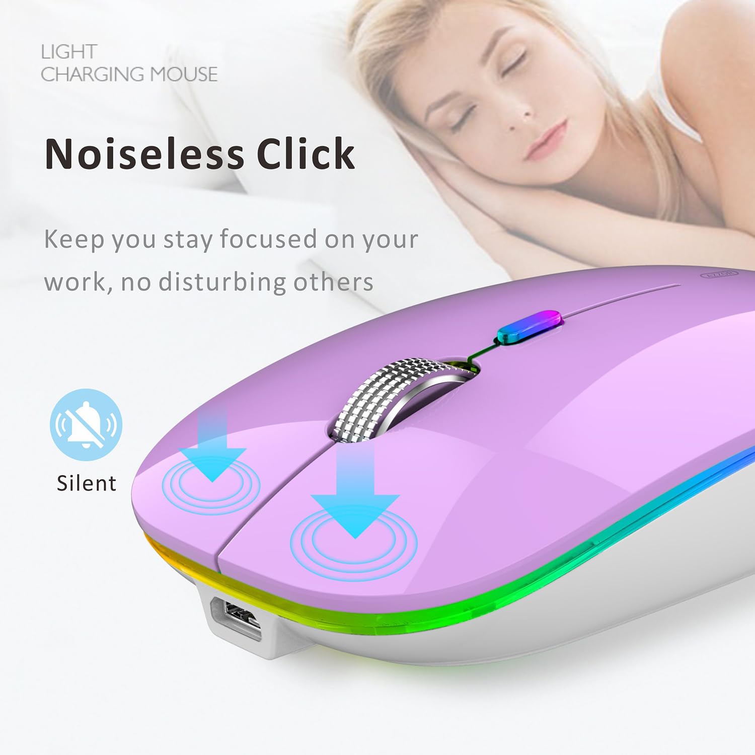 Uiosmuph G12 Slim Wireless Silent Mouse - Rechargeable LED Optical Mouse with 2.4G USB Receiver & Type-C Adapter, Purple - Perfect for Office, Home & Travel Use