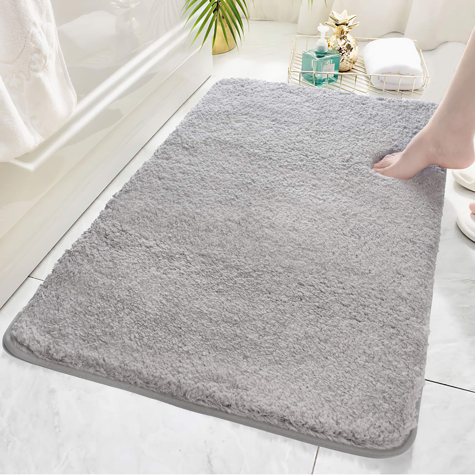 Non-Slip Soft Thick Shaggy Bath Rug 48x24 Inch - Water Absorbent Bathroom Carpet & Machine Washable Floor Mat for Bathroom, Kitchen, Bedroom - Light Gray Home Decor
