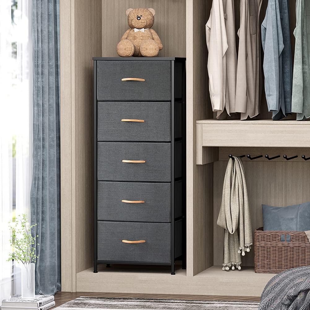 Crestlive 5-Drawer Vertical Dresser Storage Tower - Sturdy Steel Frame & Wood Top with Easy Pull Fabric Bins - Space Saving Closet & Bedroom Organizer for Clothes, Toys, Shoes - Perfect for Entryway, Hallway & Small Spaces (Gray)