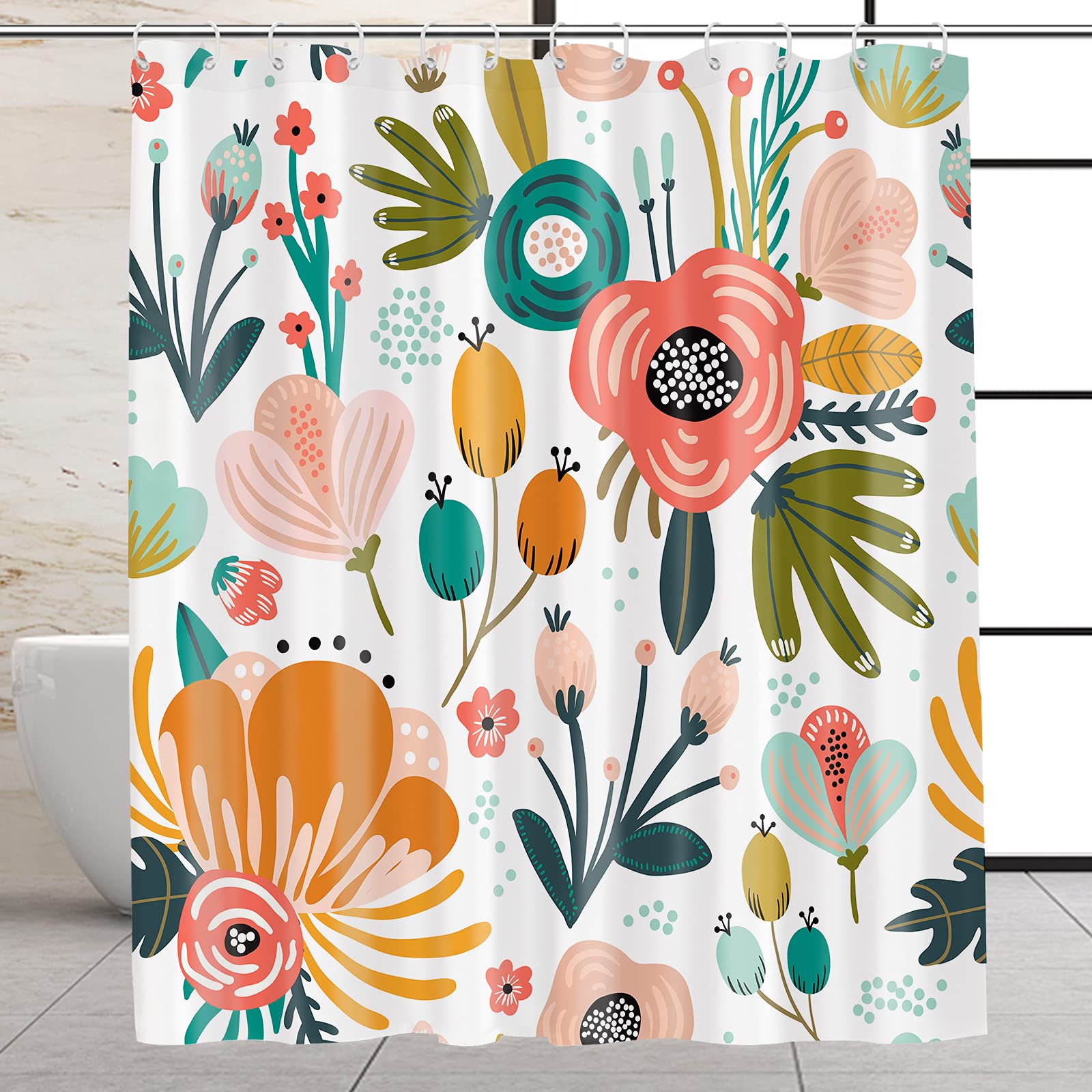 VEGA U Floral Fabric Shower Curtain - 72x72 Inch Colorful Botanical Bathroom Decor with Hooks | Waterproof & Durable for Modern Bathrooms | Perfect for Home, Apartment & Guest Bath Decor