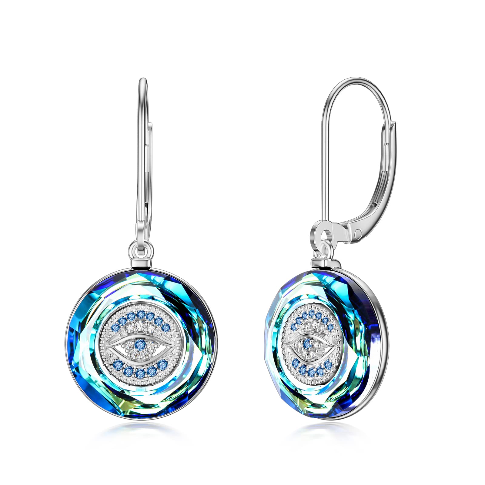 PEIMKO Sterling Silver Evil Eye Leverback Earrings with Crystal - Round Good Luck Protection Jewelry for Women - Perfect for Everyday Wear, Gift Giving & Spiritual Protection