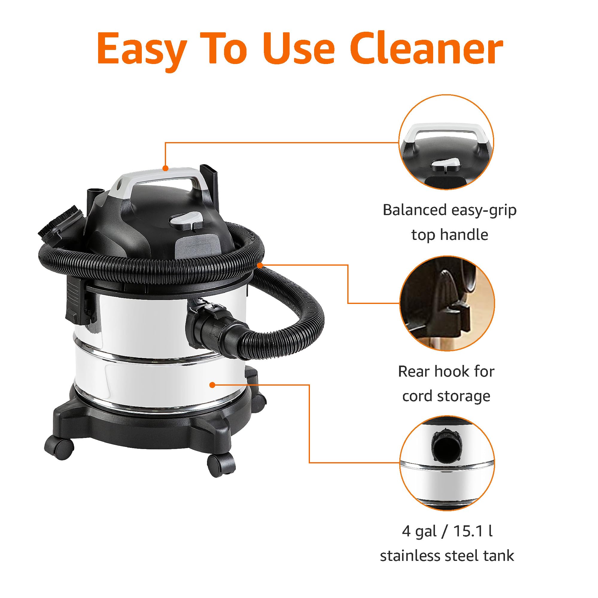 Amazon Basics 4 Gallon Wet Dry Vacuum Cleaner - 3 HP Stainless Steel Shop Vac for Home, Garage & Workshop - Powerful Suction for Dust, Debris & Liquids (Grey/Black)