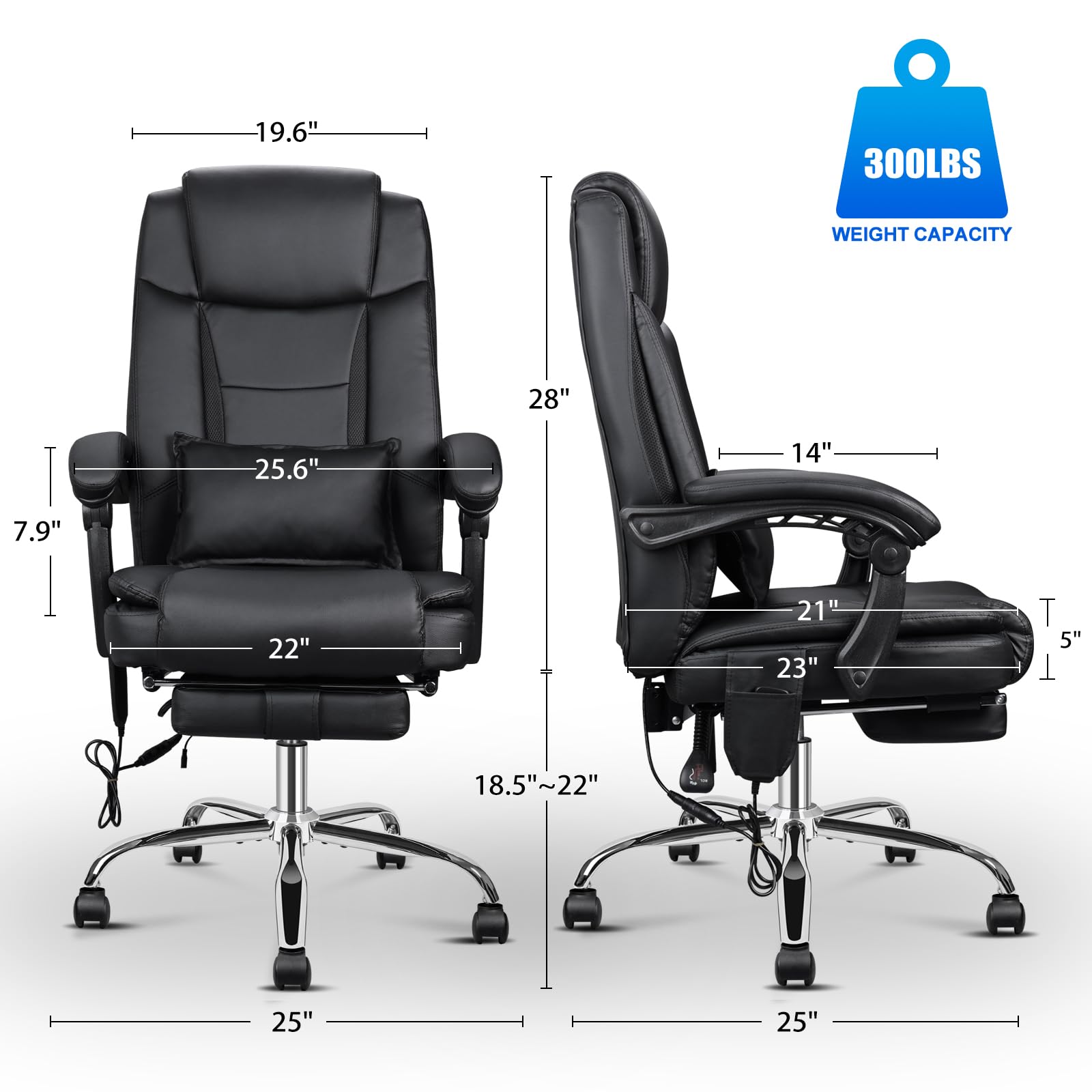 Ergonomic Office Chair with Heating & Massage - Big and Tall Executive Reclining Chair with Adjustable Lumbar Support, Footrest & Wheels - Perfect for Home Office, Gaming & Workspace Comfort