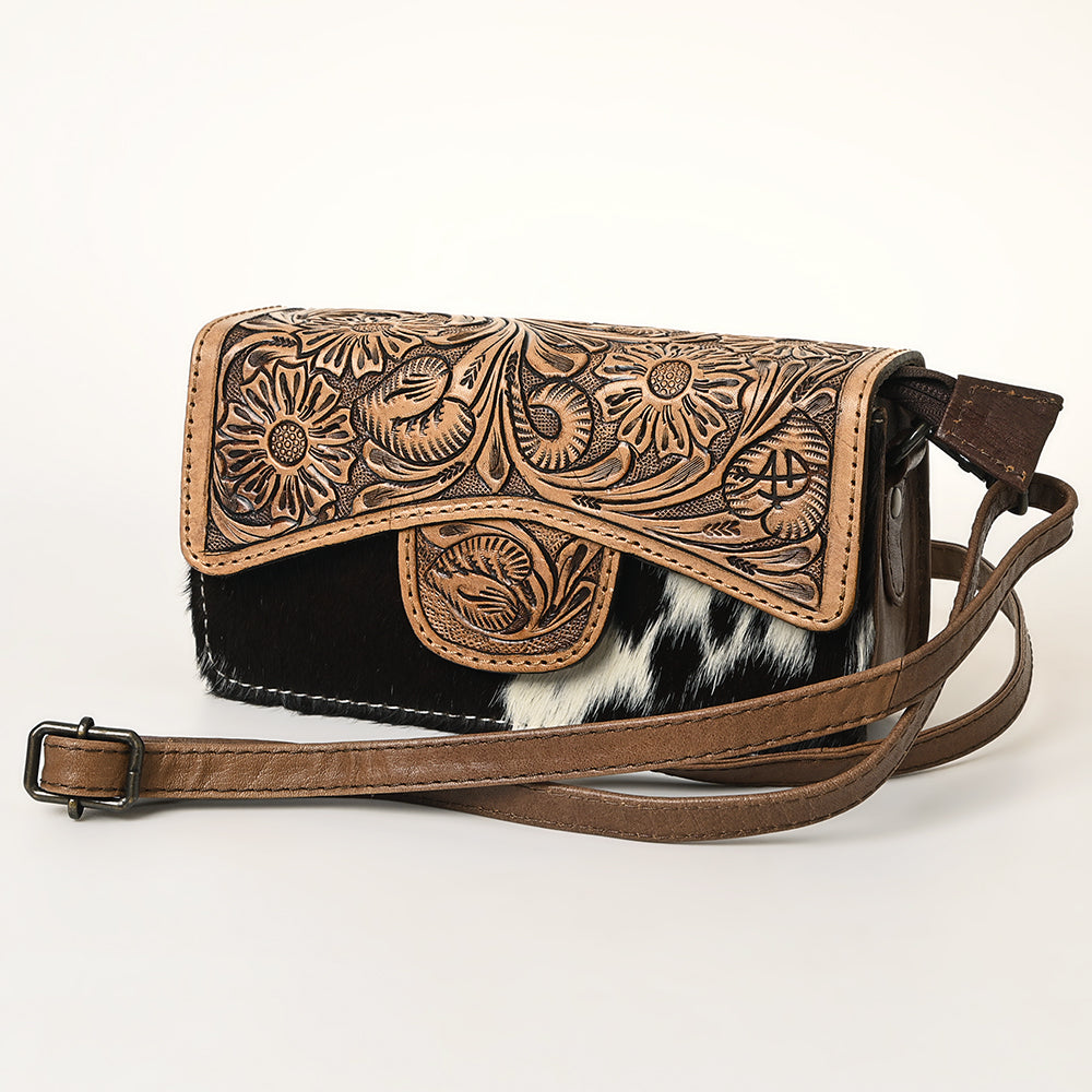ADBG681A Genuine Leather Women's Western Handbag - American Darling Hand-Tooled Hair-On Cowhide Purse for Country Rodeo & Everyday Use