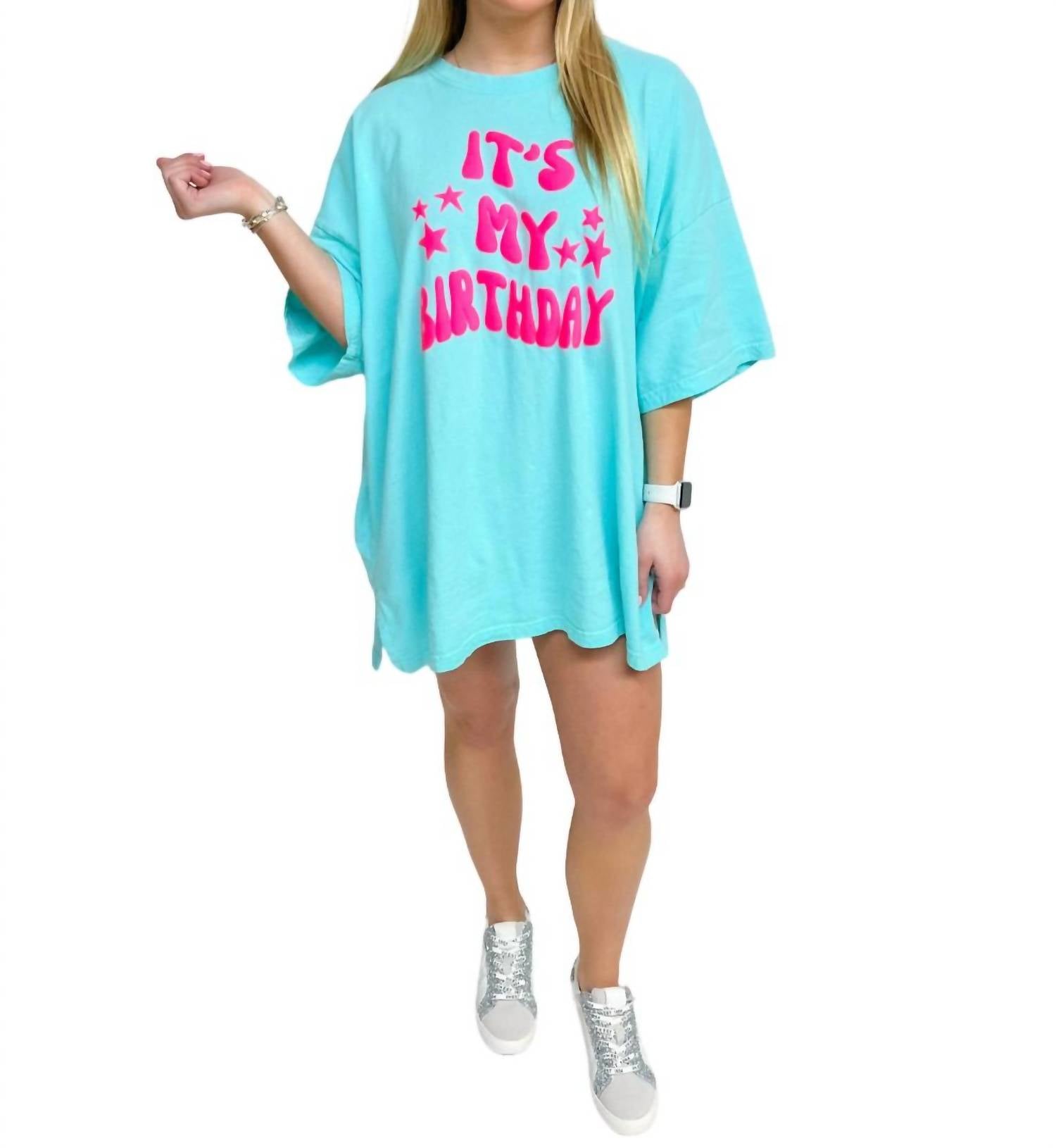 My Birthday Puff Sleeve Tee in Mint Green - Cute Casual Top for Parties, Celebrations & Everyday Wear
