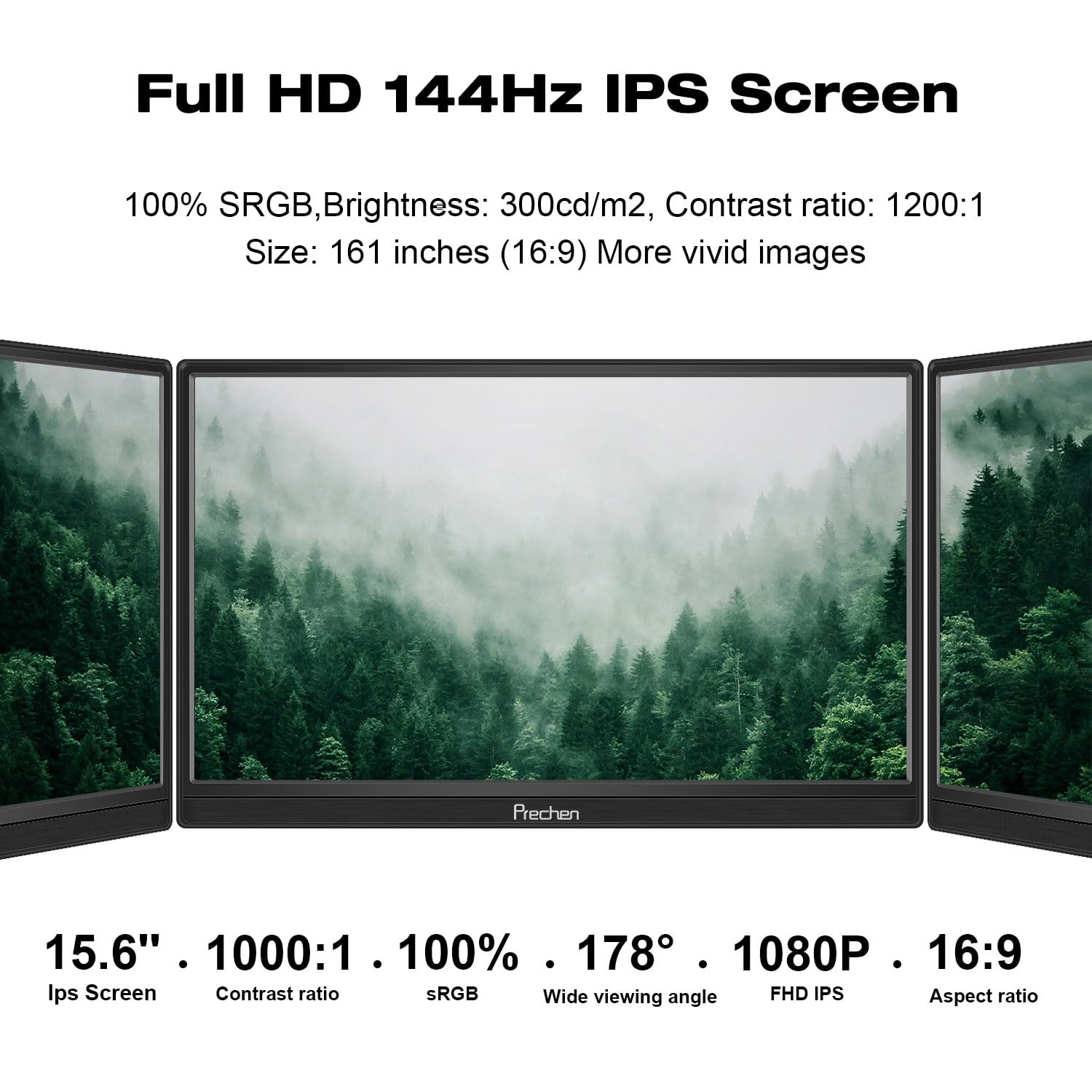 15.6 Inch Portable Monitor 144Hz, 99% sRGB 1080P Ultra Slim External Display with HDMI & USB-C | Second Screen for Laptop, PC, PS5, Mac, Xbox | Built-in Speakers & Kickstand | Perfect for Gaming, Work & Travel