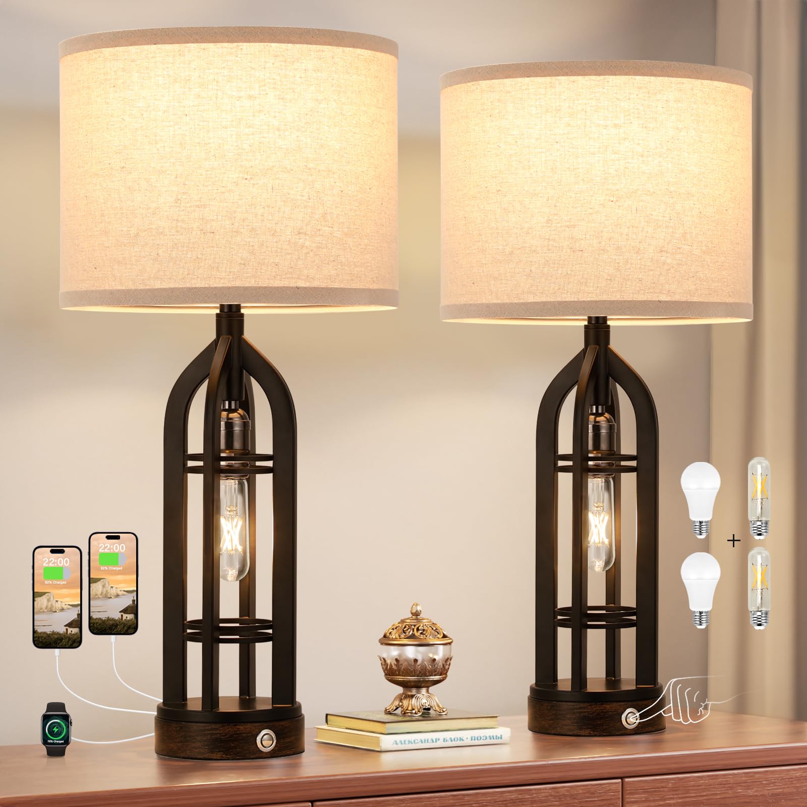 Seealle 2-Pack Farmhouse Table Lamps with USB C+A Ports & Outlet - 3-Way Dimmable Touch Control Nightstand Lamps for Bedroom, Living Room | Perfect for Reading, Working & Creating Cozy Ambience