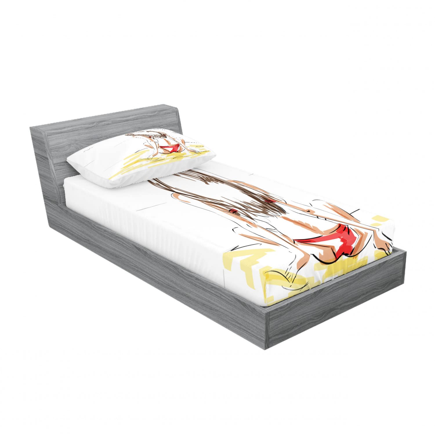 Ambesonne 2-Pack Twin Size Fitted Sheet & Pillow Sham Set - Sketch Beach Summer Design, Yellow & White 4-Piece Bedding Set for Guest Room, Vacation Home, or Summer Themed Decor