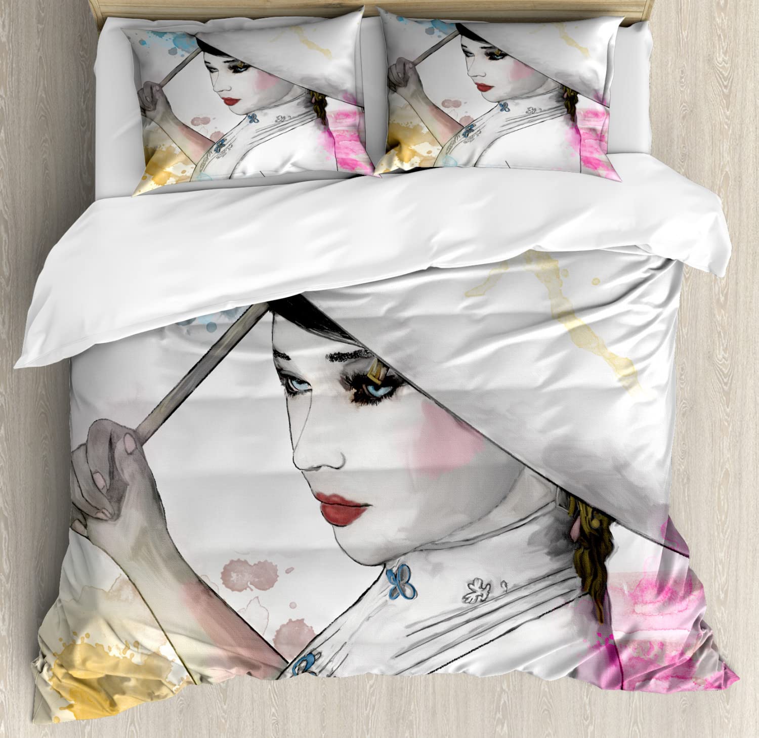 Ambesonne East Duvet Cover Set - King Size 2-Pack with 2 Duvet Covers & 4 Pillowcases, Watercolor Oriental Umbrella Design Featuring Eastern Woman Girl Art, Multicolor Bedding Set for Master Bedroom, Guest Room or Bohemian Style Decor