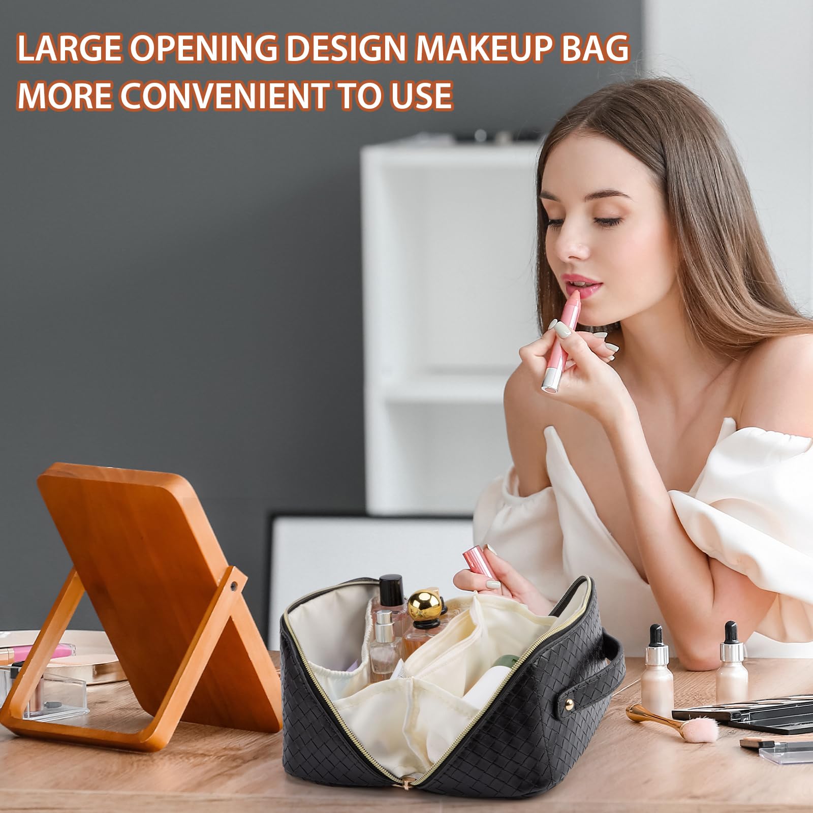 Large Capacity Waterproof Travel Makeup Bag for Women - Portable Cosmetic Organizer with Multiple Compartments, Foldable Flat Lay Design for Easy Access - Perfect for Toiletries, Beauty Essentials & On-the-Go Makeup (Black) - Ideal for Travel, Gym, Vacation & Daily Use
