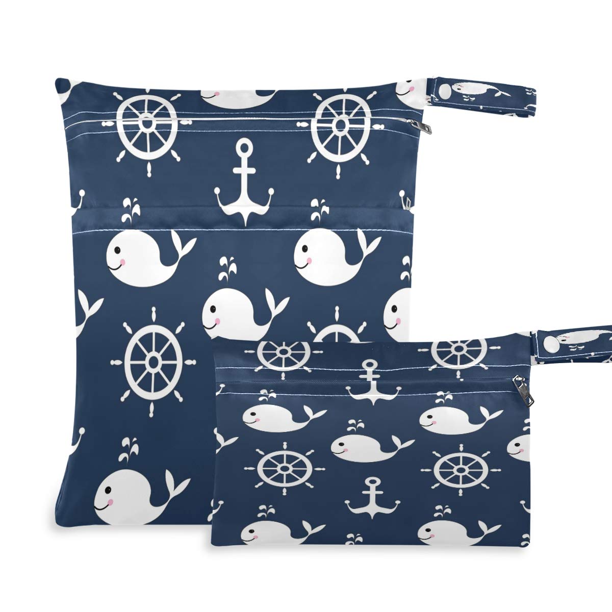 Blueangle 2 Pack Waterproof Wet Bags - Washable & Reusable Storage Pouch for Travel, Beach, Diapers, Gym Clothes, Swimsuits & Toiletries - Retro Cartoon Whale Anchor Design - Perfect for Baby Care, Pool Trips & Sports Activities