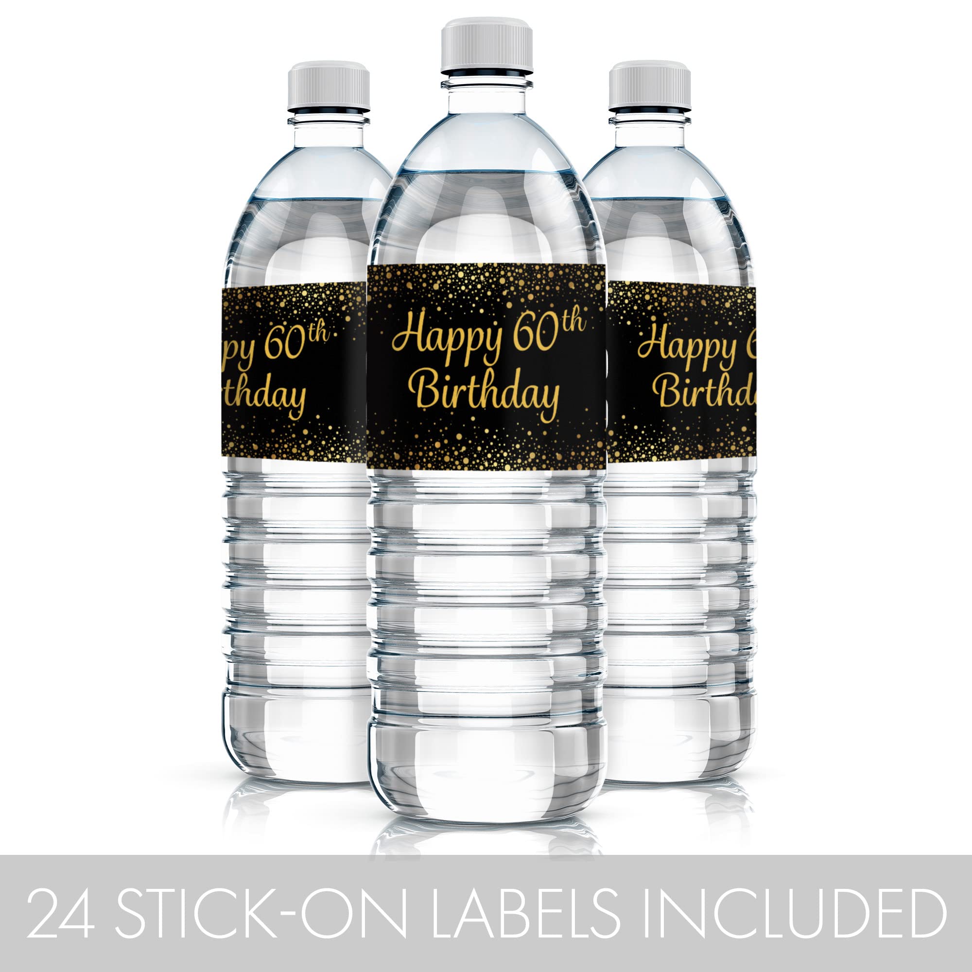 Black and Gold 60th Birthday Party Water Bottle Labels - 24 Custom Stickers for 60th Birthday Decorations | Perfect for Birthday Party Favors, Anniversary Celebrations & Milestone Events