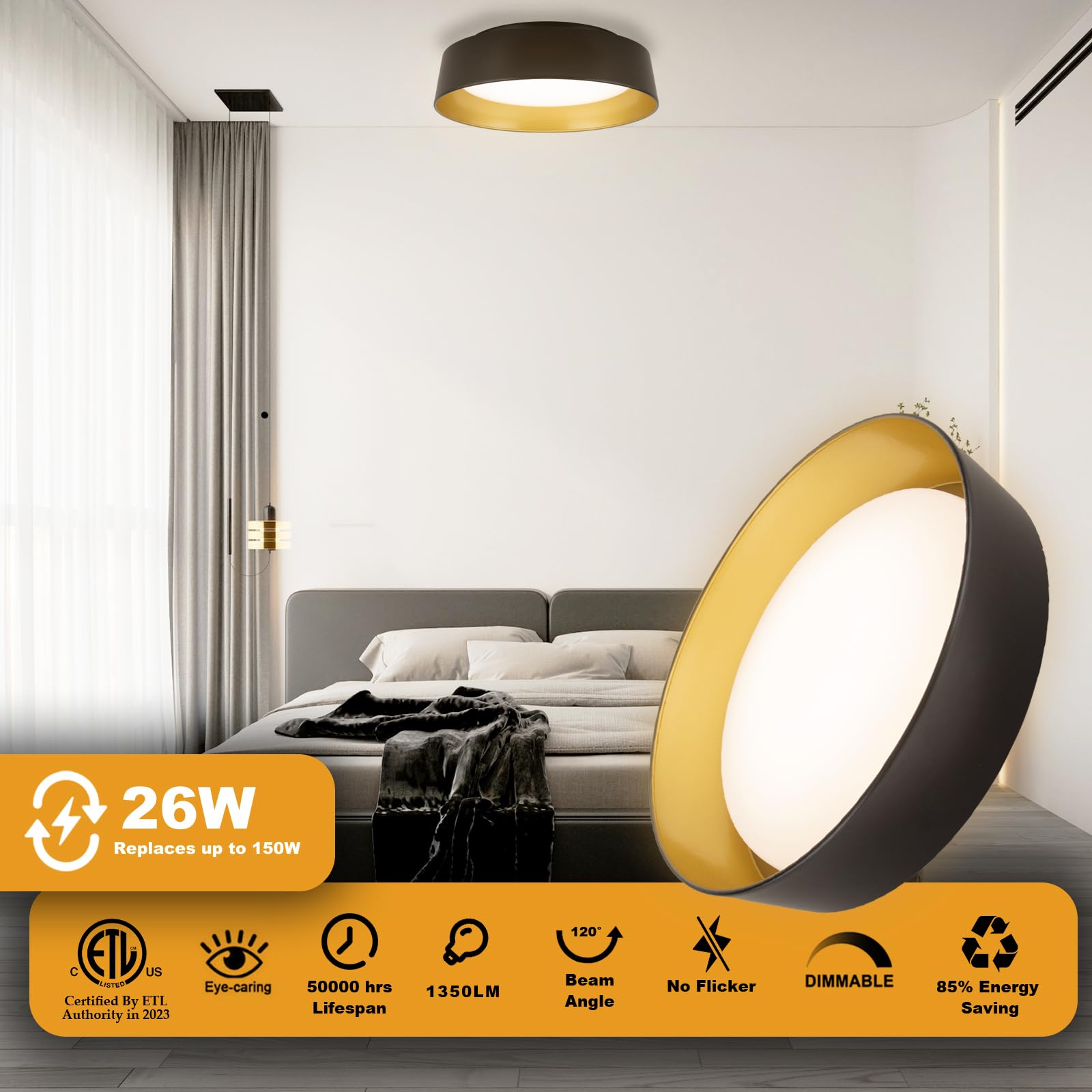 12.5 Inch LED Flush Mount Ceiling Light Fixture - 26W Super Bright 1350 Lumens - 3 Color Temperatures (3000K/4000K/5000K) - Matte Black with Gold Accent - Dimmable Modern Ceiling Lamp for Bedroom, Hallway, Bathroom, Kitchen, Living Room & Outdoor Spaces