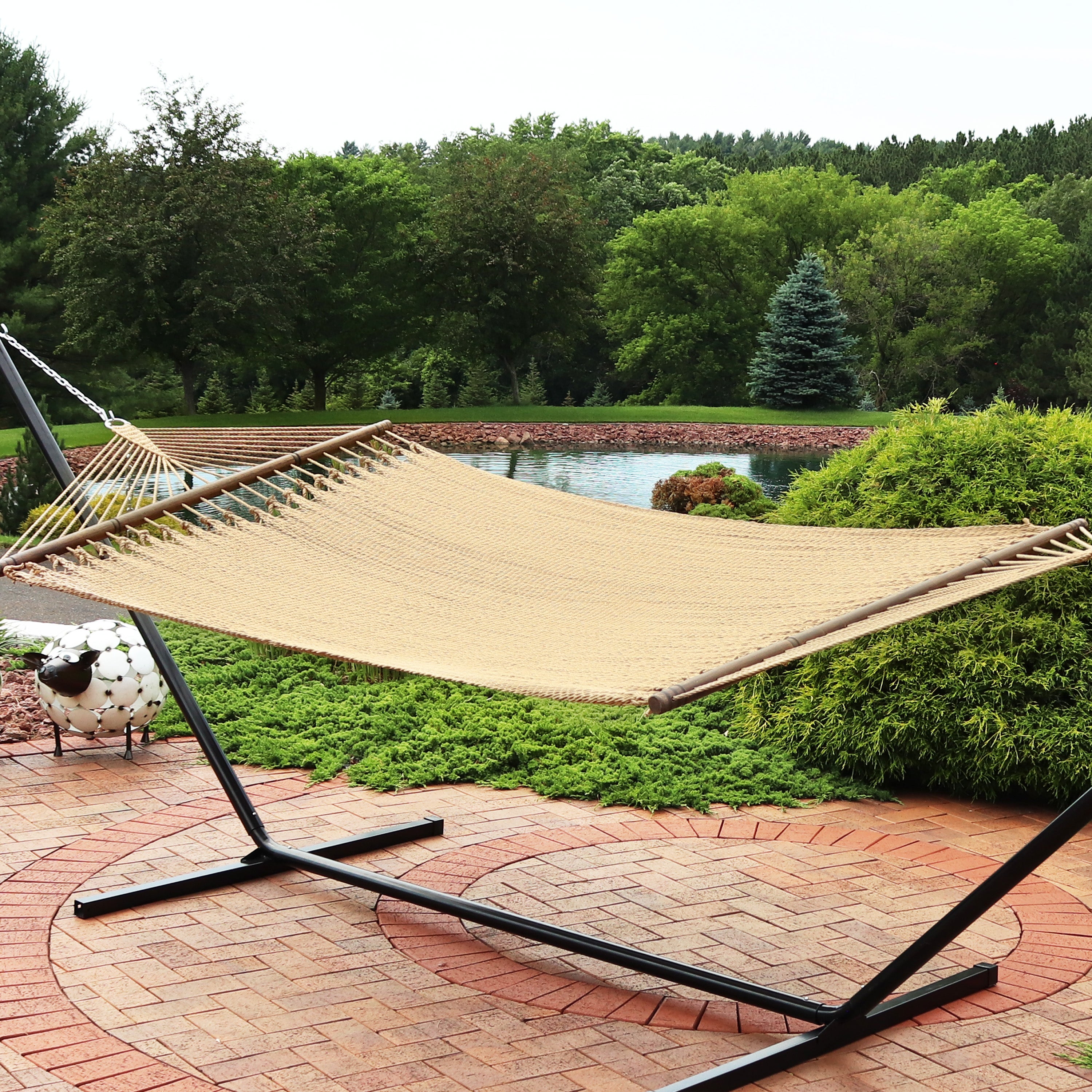 Sunnydaze Large 2-Person Polyester Rope Hammock with Spreader Bars - Durable Outdoor Hanging Bed for Backyard, Patio, Beach & Camping Relaxation