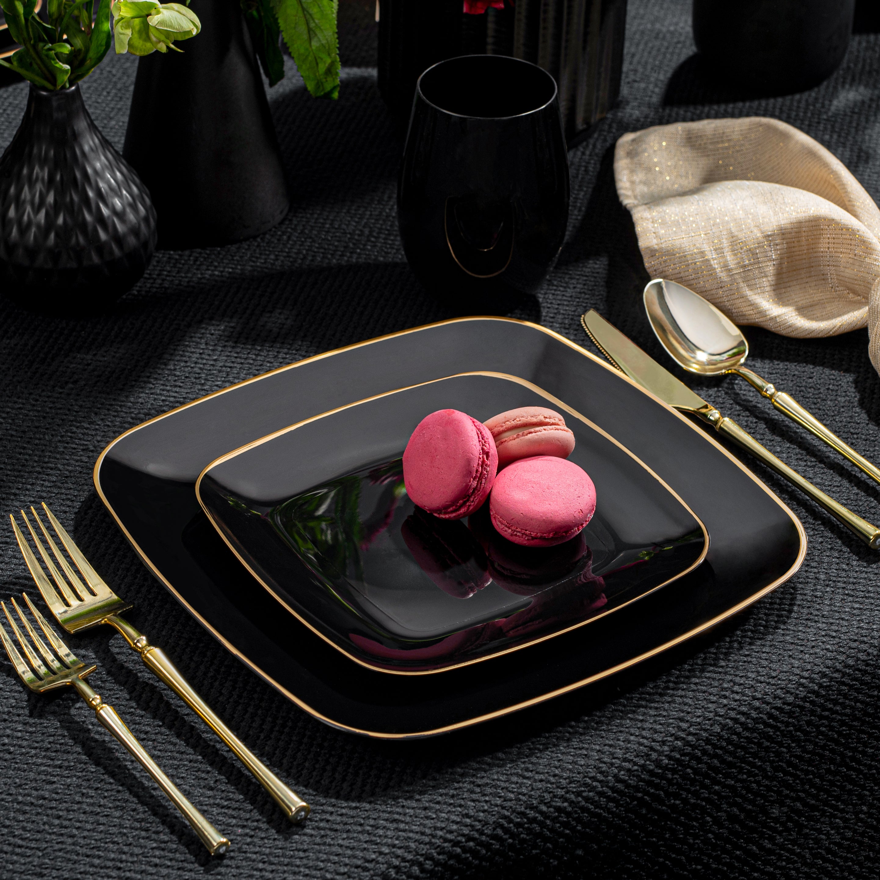 Black and Gold Plastic Party Bundle - Classic Square Disposable Plates, Cups, and Cutlery Set for Birthday, Wedding, and Holiday Celebrations