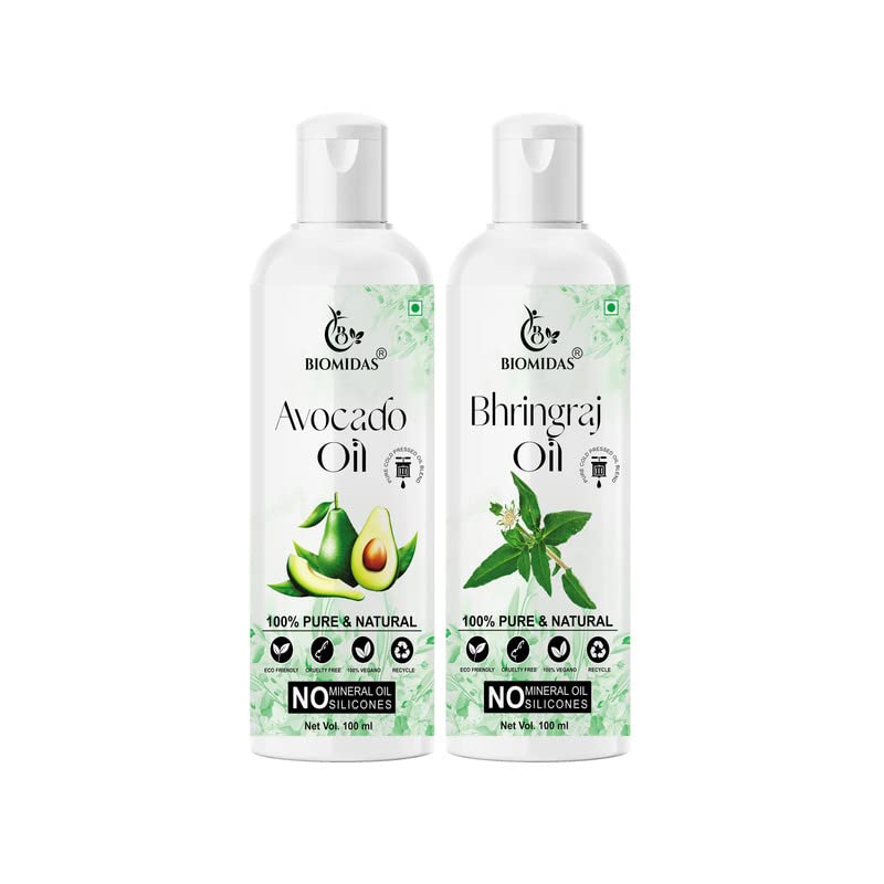 Biomidas 100% Pure Avocado Oil & Bhringraj Oil Combo (100ML Each) for Hair Growth, Anti Hair Fall, Split Ends Treatment - Promotes Soft, Shiny Hair - Pack of 2 - Perfect for Daily Hair Care & Scalp Massage