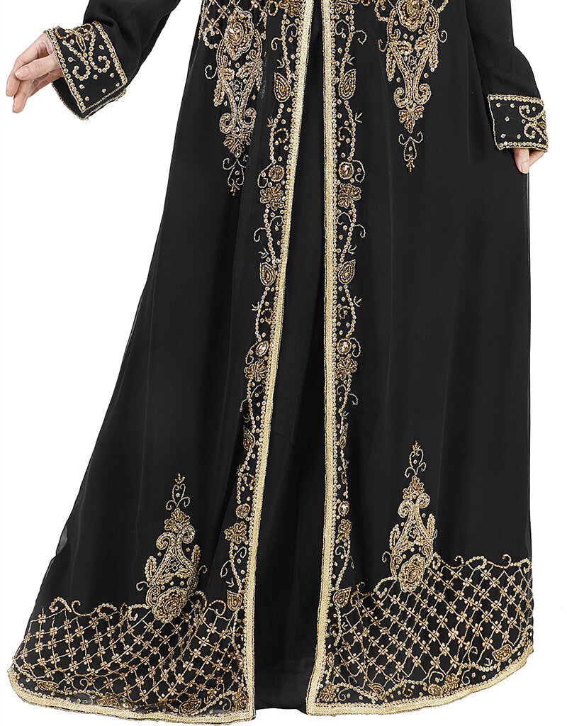 Elegant Black Georgette Kaftan with Hand Zari Embroidery - Perfect for Parties, Weddings & Special Occasions