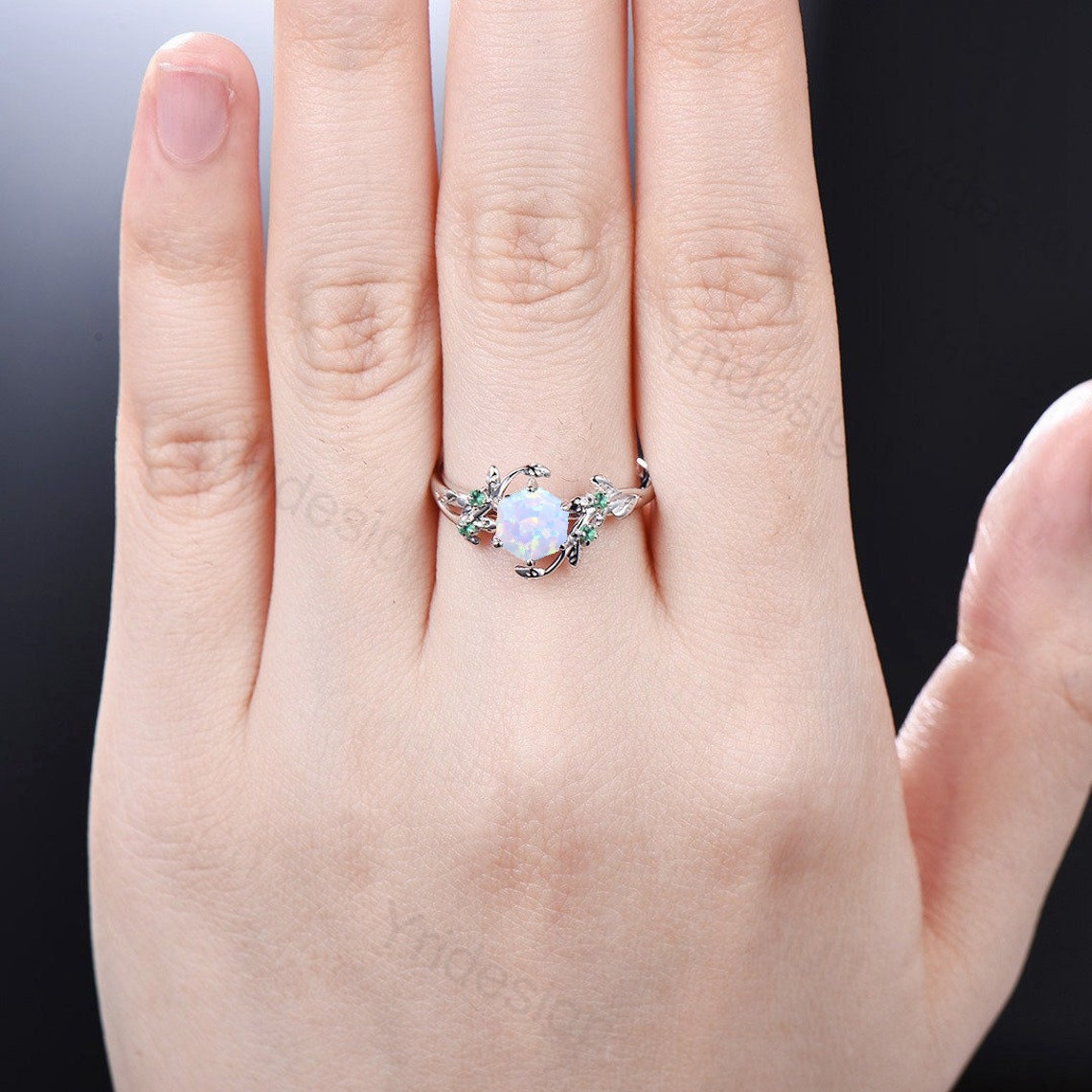 Hexagon Cut Opal Ring for Women - Vintage White Opal Engagement Ring, Nature Inspired Bridal Ring with Leaf Vine Design, Emerald Wedding Ring - Perfect for Bridal, Anniversary & Special Occasions