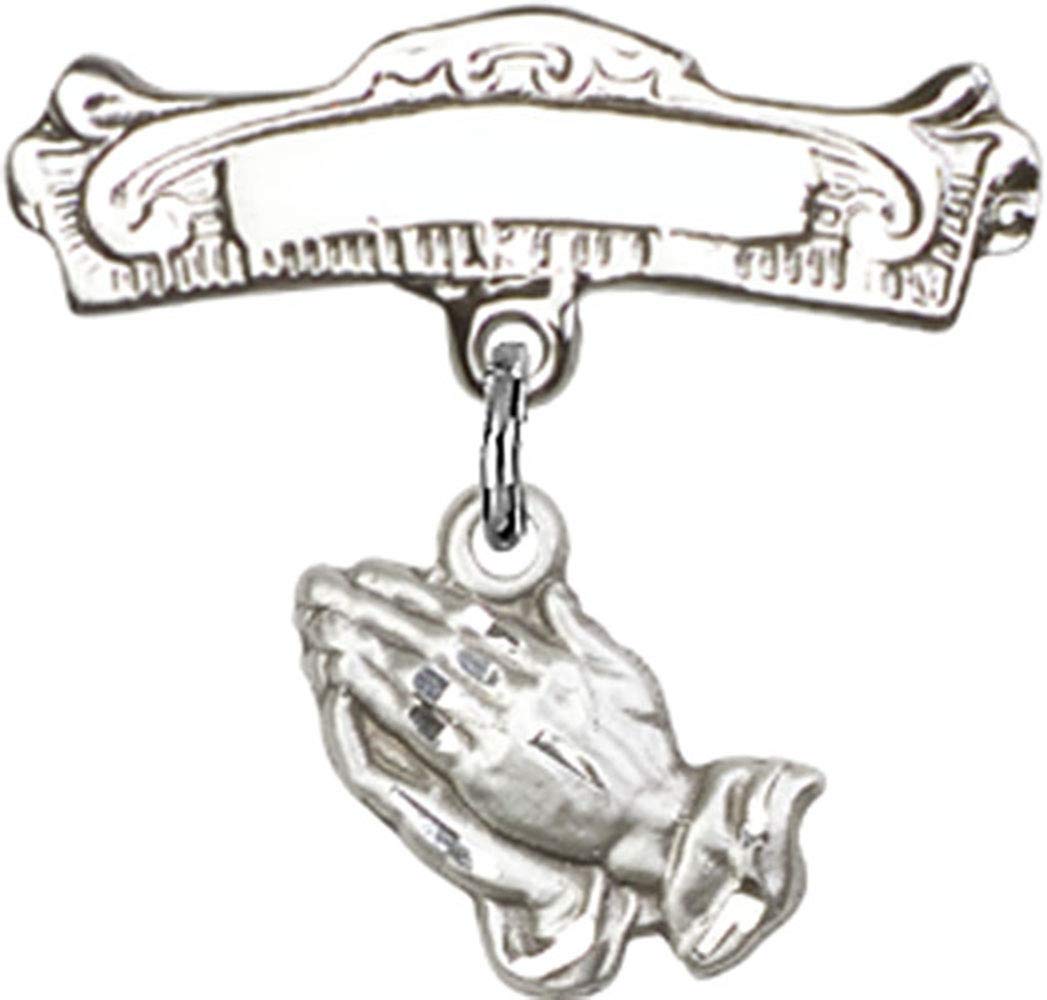 Sterling Silver Baby Badge with Praying Hands Charm - Elegant Arched Polished Pin | USA Made | Perfect for Christening, Baptism & First Communion Gifts