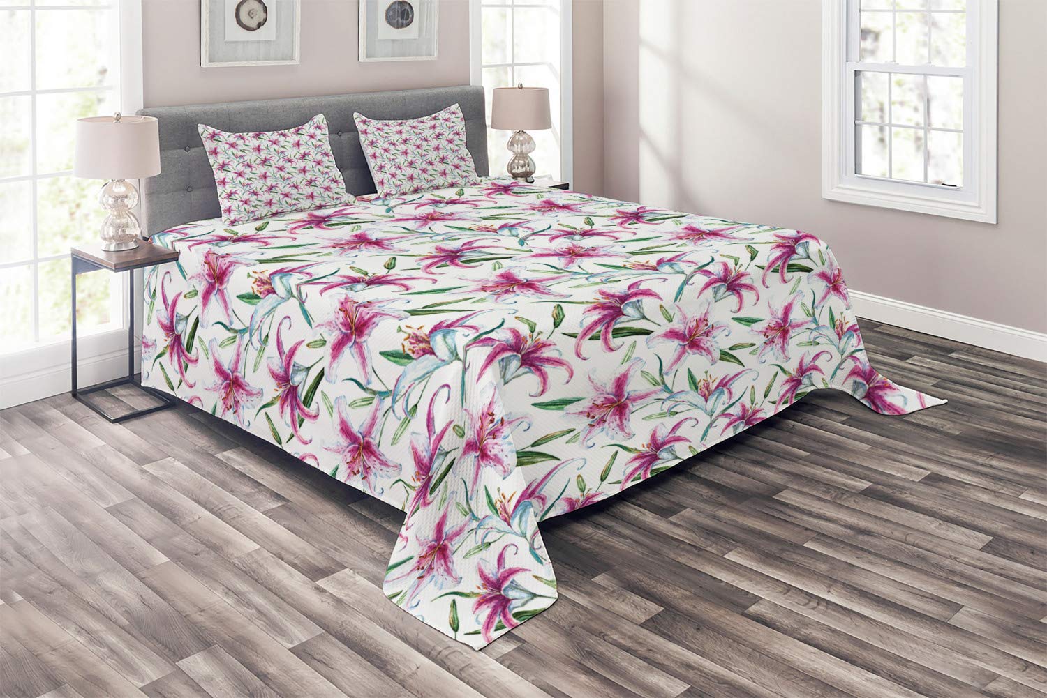 Ambesonne King Size 3-Piece Quilted Bedspread Set with 2 Pillow Shams - Tropical Watercolor Lily Floral Design in Purple & Green - Soft Decorative Coverlet for Bedroom, Guest Room, or Dorm