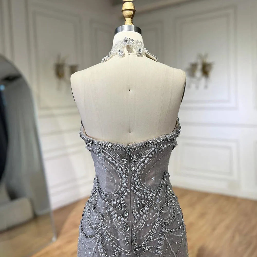 Elegant Arabic Silver Mermaid Evening Gown with Beaded Pearls & Crystal Embellishments for Women - Perfect for Parties, Prom, and Special Occasions in 2025