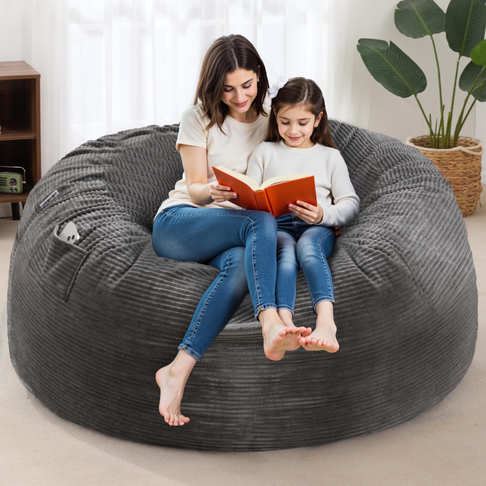 Ultra Soft HABUTWAY Giant Bean Bag Chair with Washable Corduroy Cover - Convertible from Chair to Mattress - Large Cordoroys Bean Bags for Adults, Couples & Family - Perfect for Living Rooms, Game Rooms & Dorm Lounges (Grey Full)